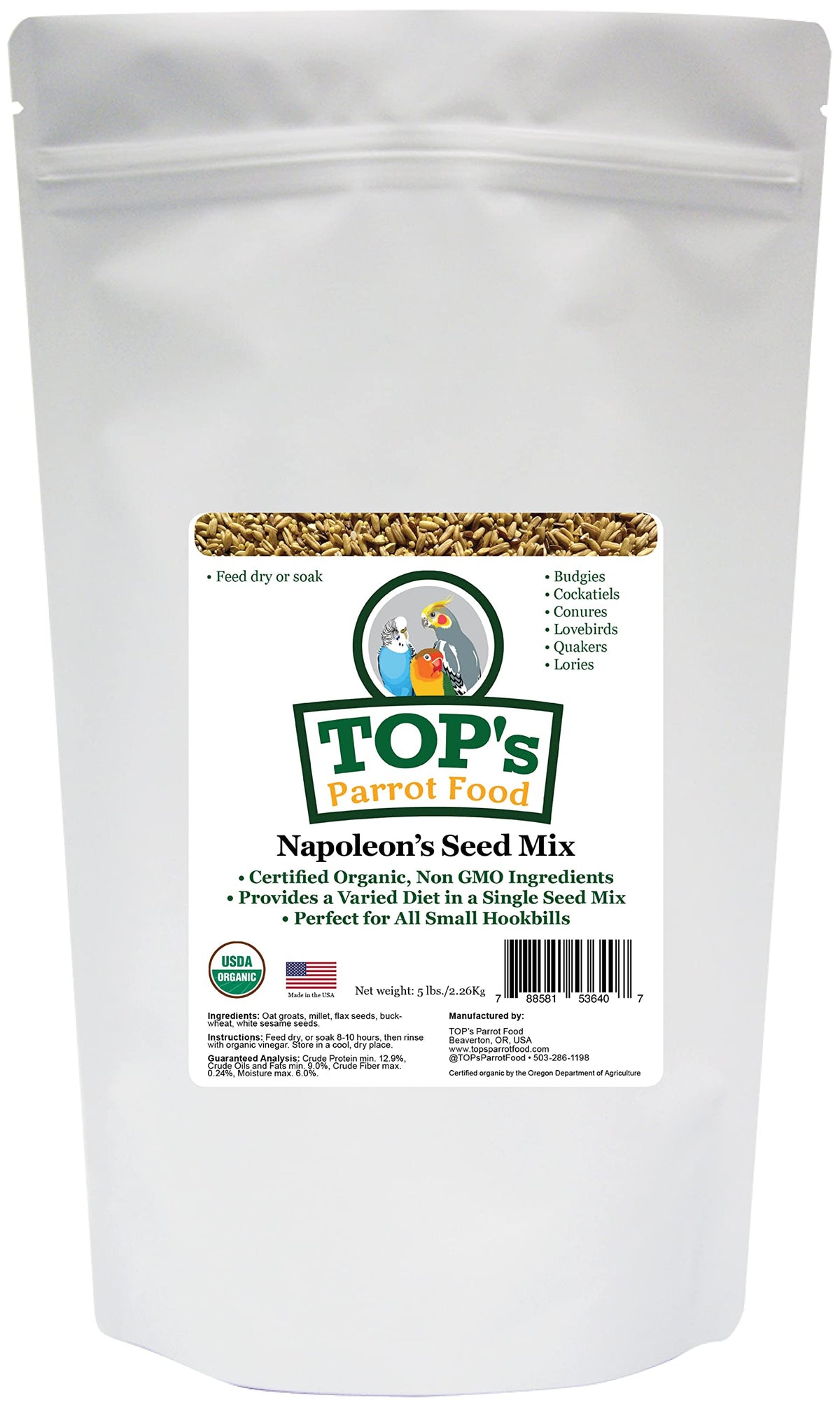 TOP's Napoleon's Seed Mix in a bowl for balanced nutrition in small hookbills