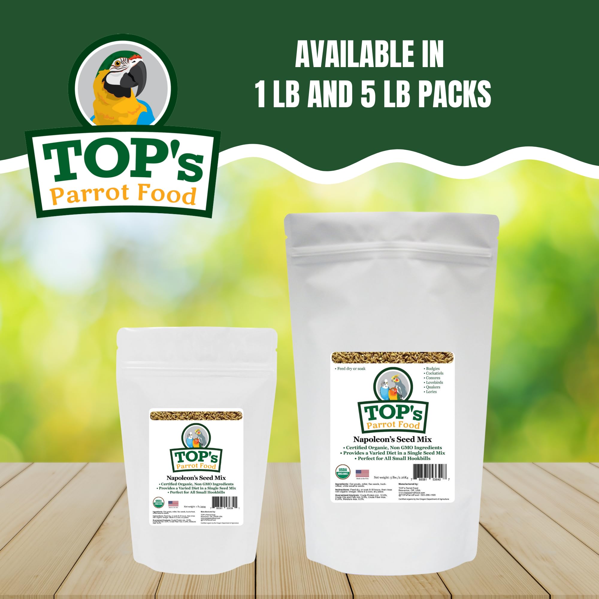 Packaging of TOP's Napoleon's Seed Mix emphasizing freshness and organic certification