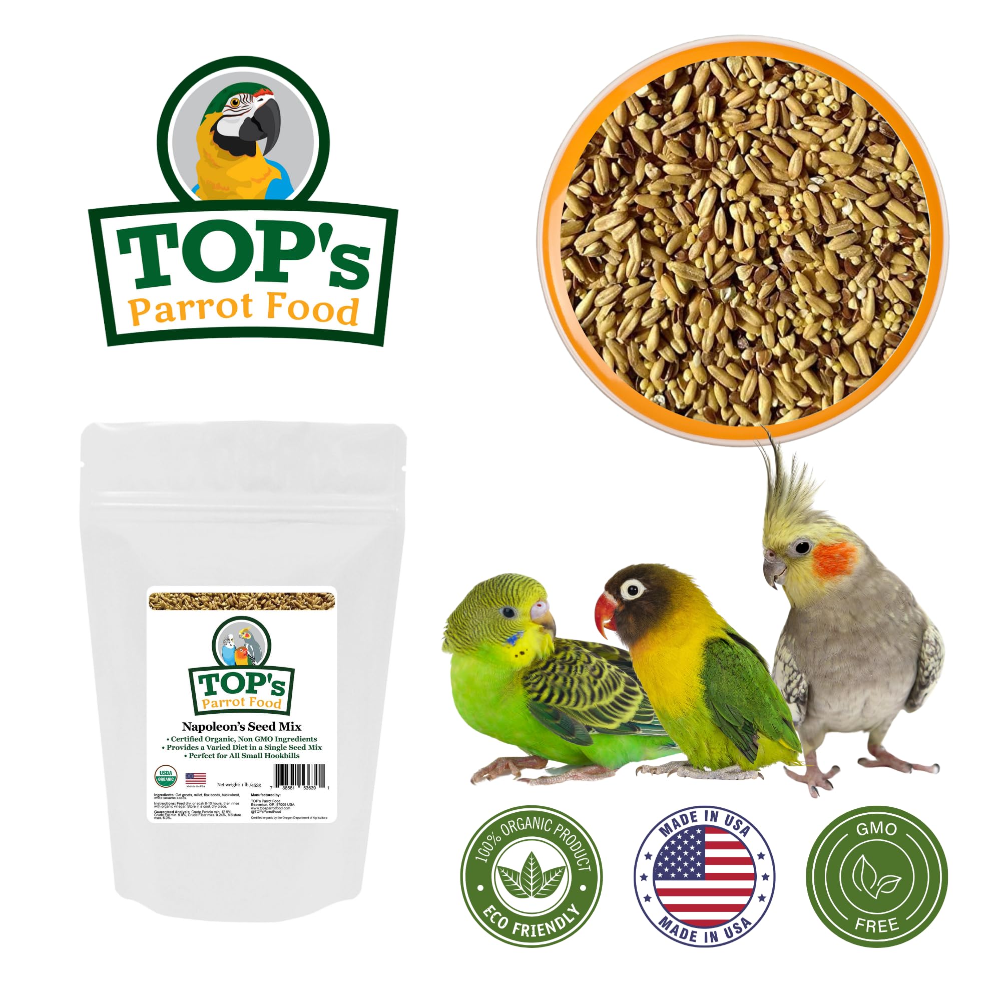 Serving bowl with Napoleon's Seed Mix for small parrots