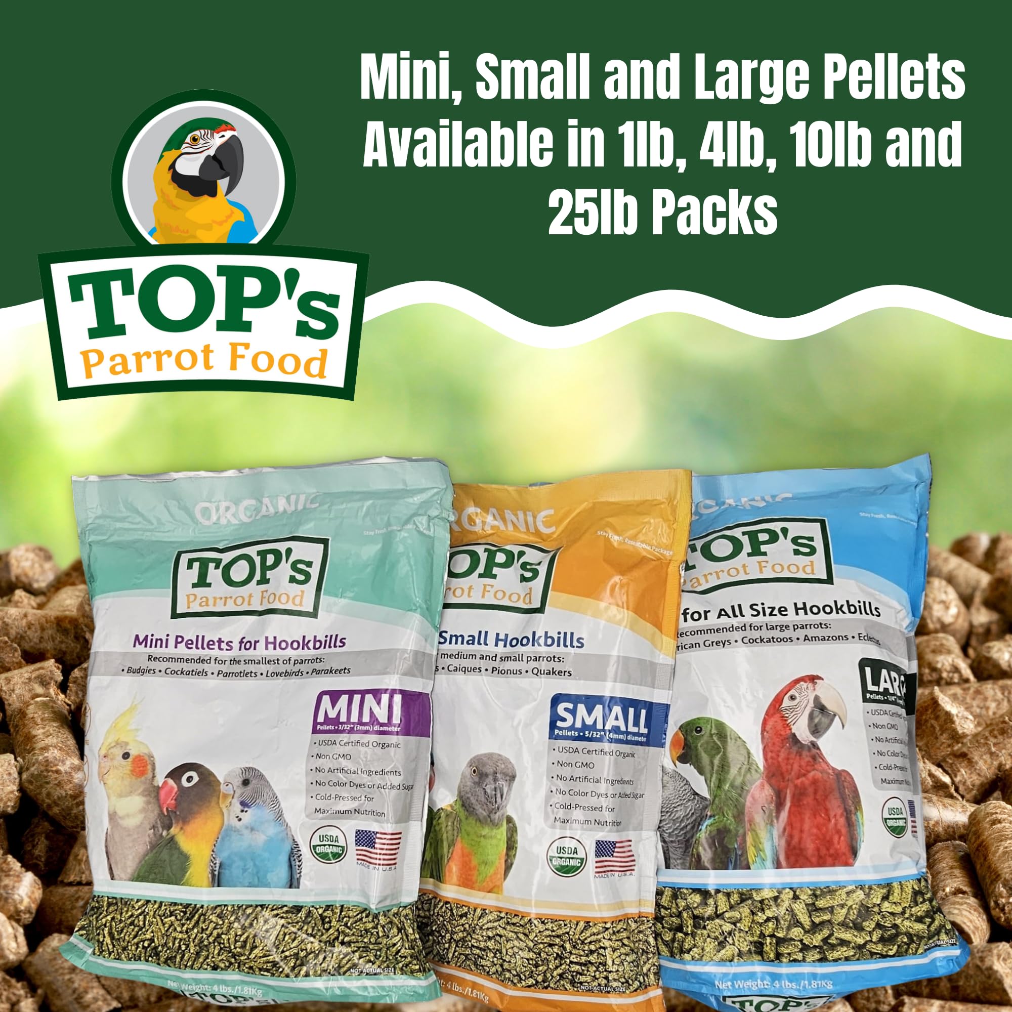 TOP's Parrot Food 1 lb bag emphasizes non-GMO, corn-free formula.