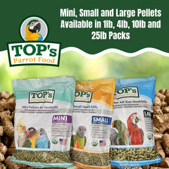TOP's Parrot Food 1 lb bag emphasizes non-GMO, corn-free formula.