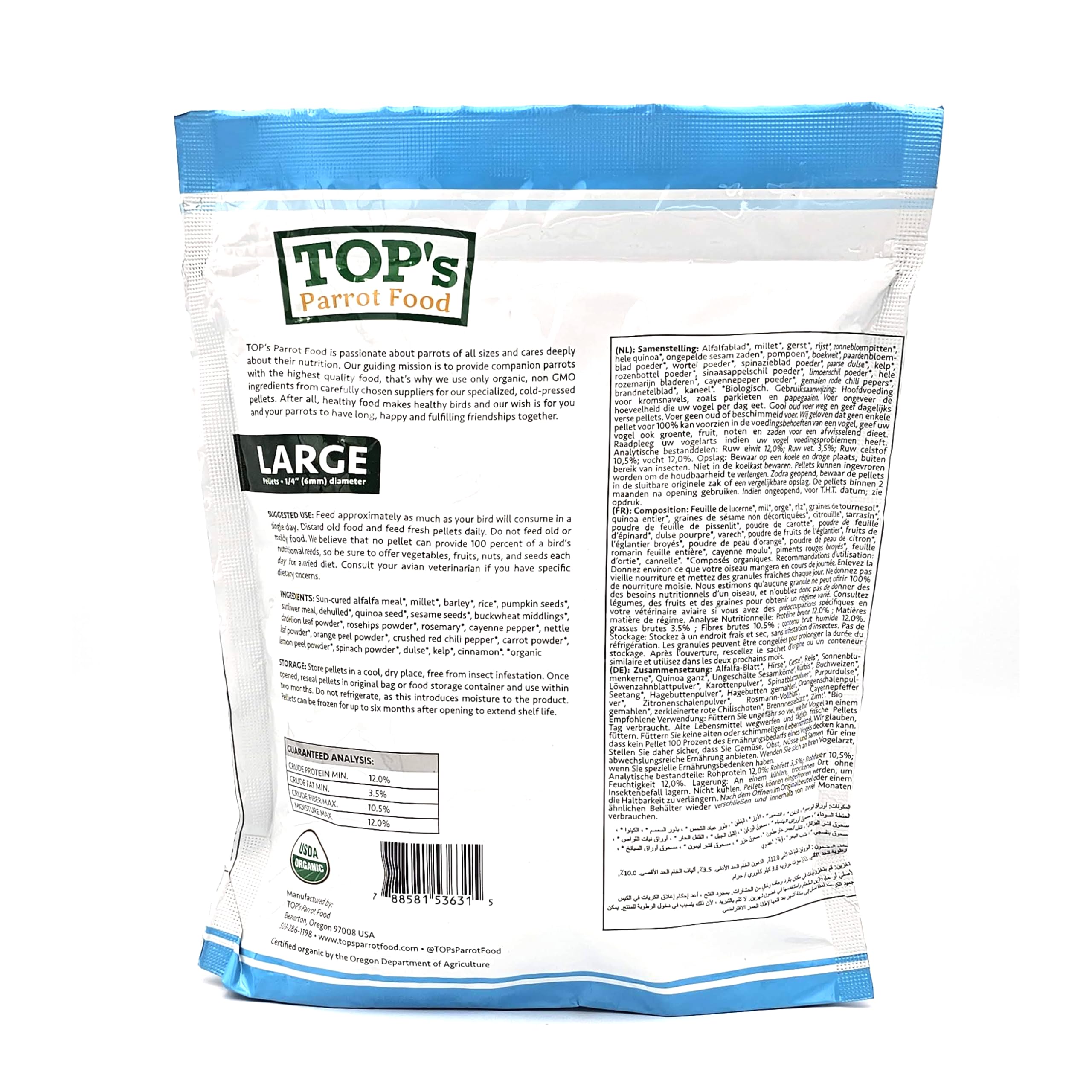 TOP's Parrot Food pellets with rosemary natural preservative for freshness.