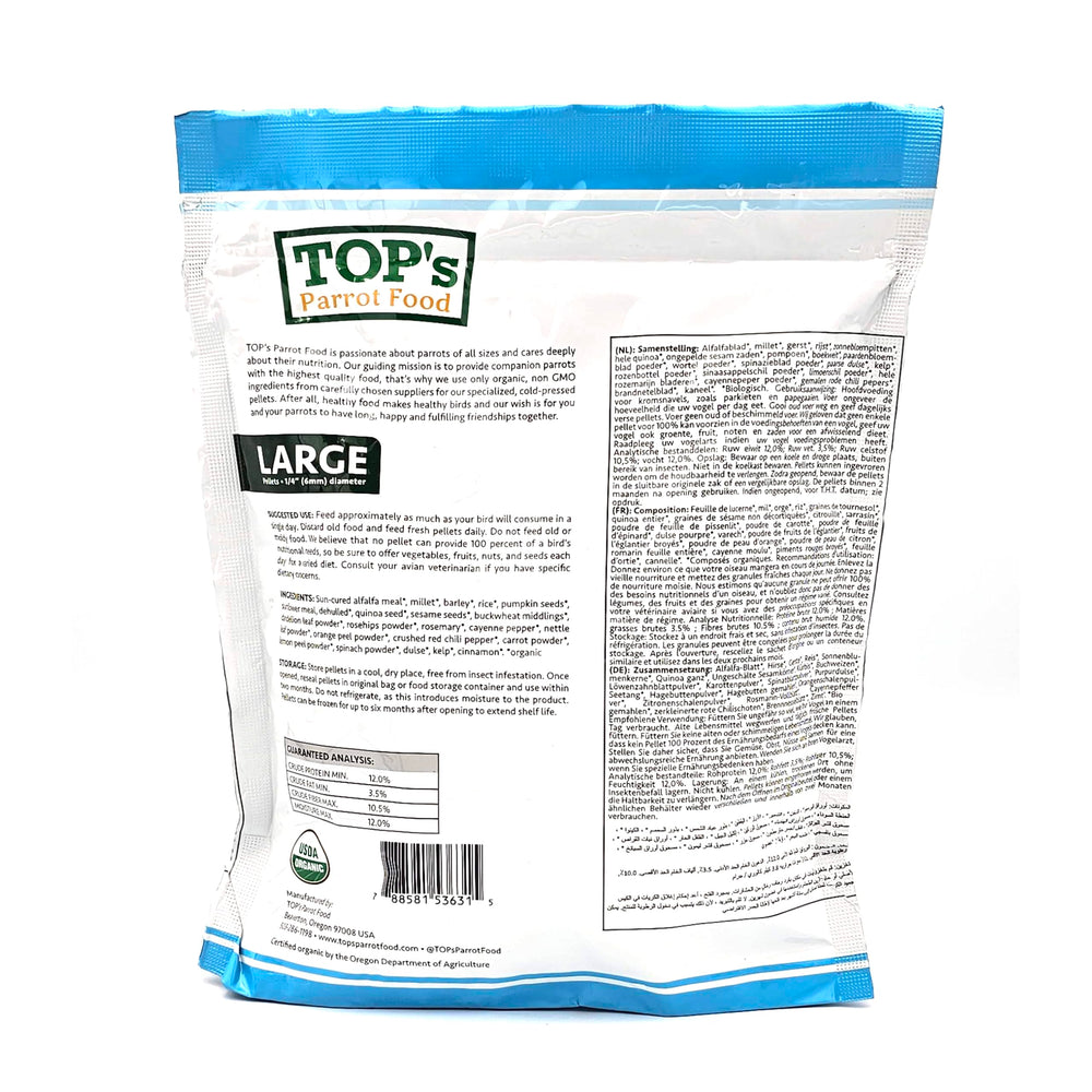 TOP's Parrot Food pellets with rosemary natural preservative for freshness.