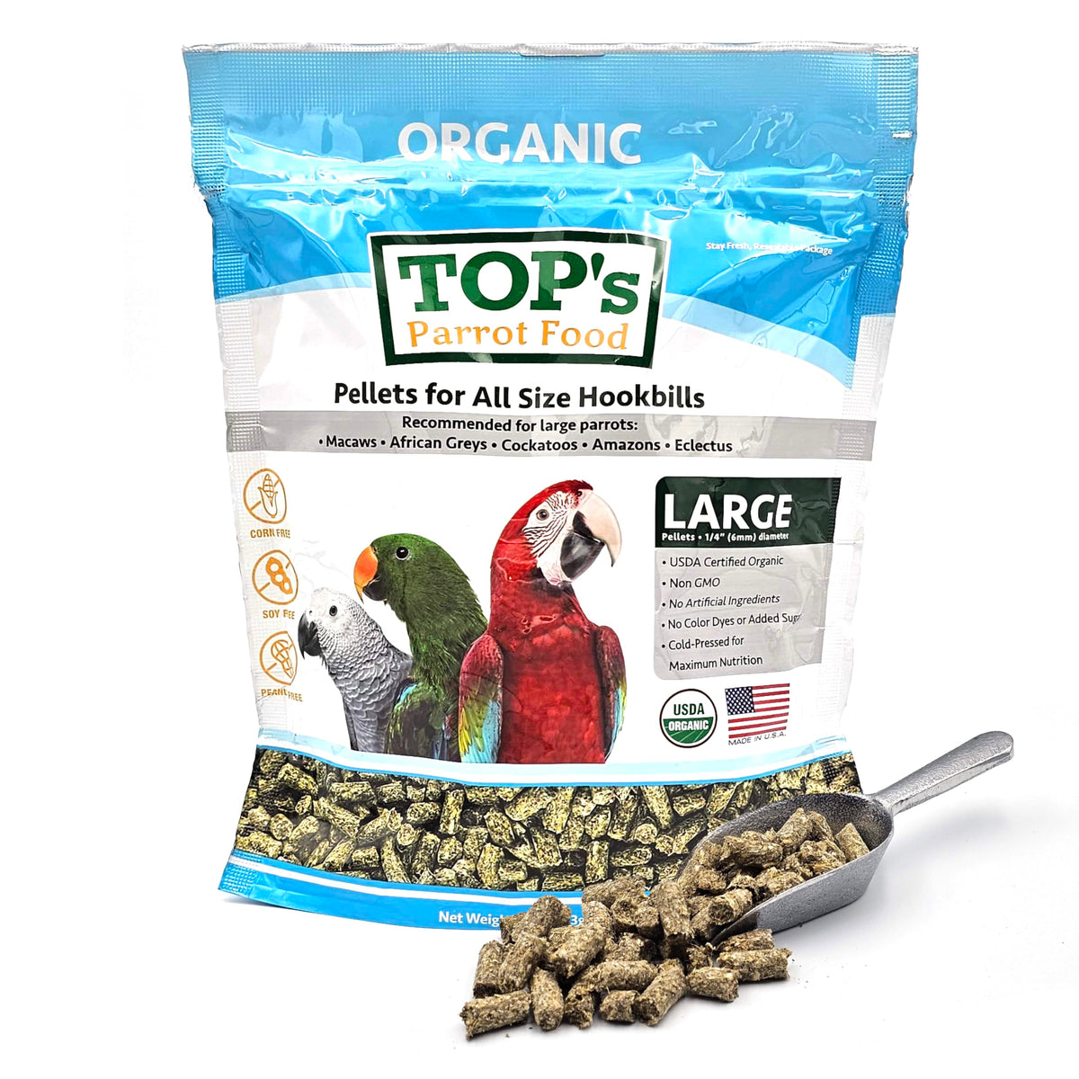 TOP's Parrot Food pellets packaging shows a resealable bag for freshness.
