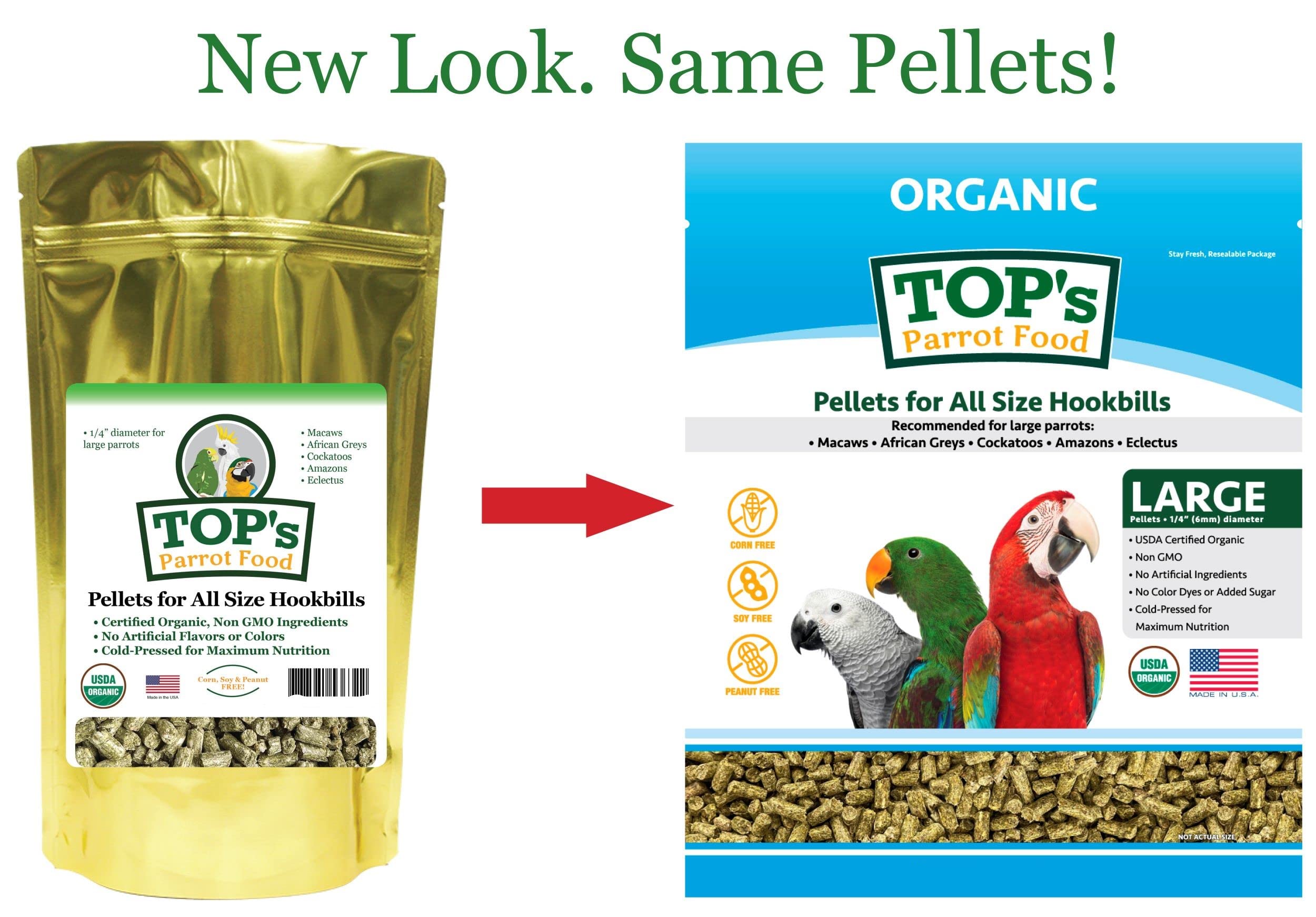 Small-bird serving: TOP's Parrot Food pellets sized to preferences.