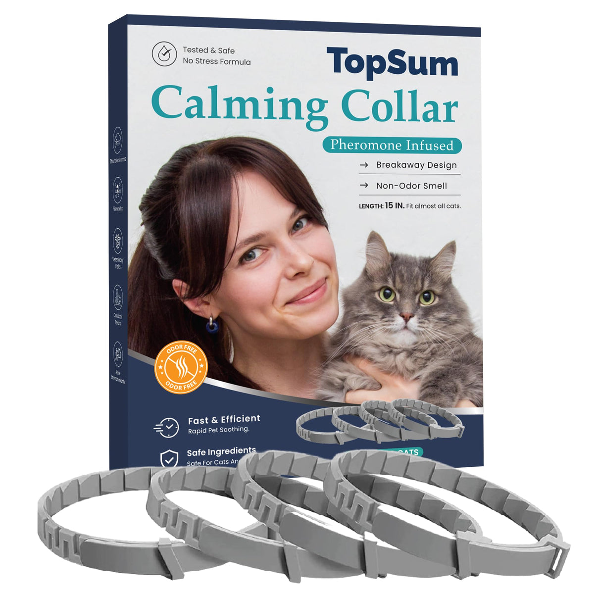 TopSum calming collar ash pack front shows stress-relief option for anxious cats.