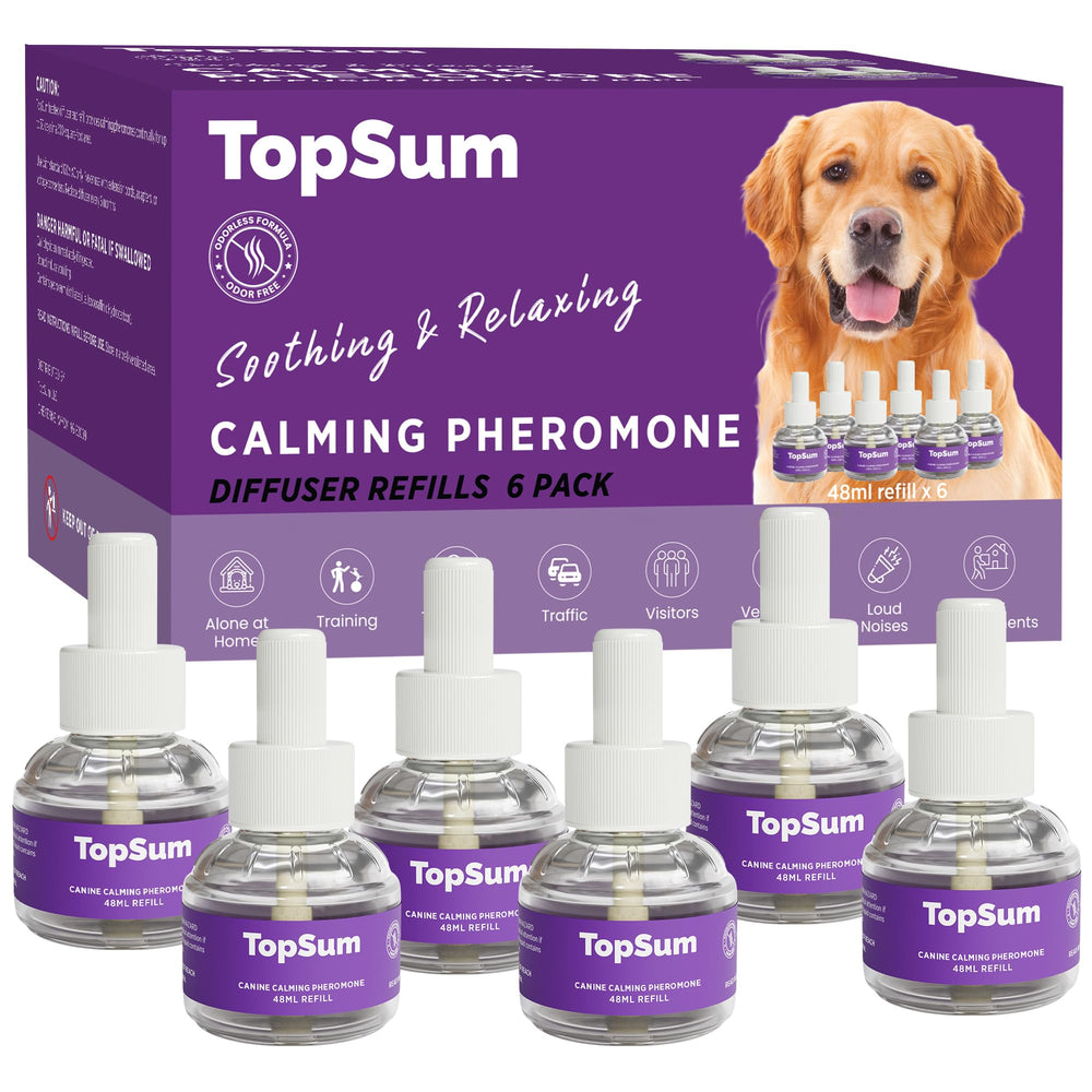 TopSum dog calming diffuser refill six-pack purple provides drug-free calming at home.