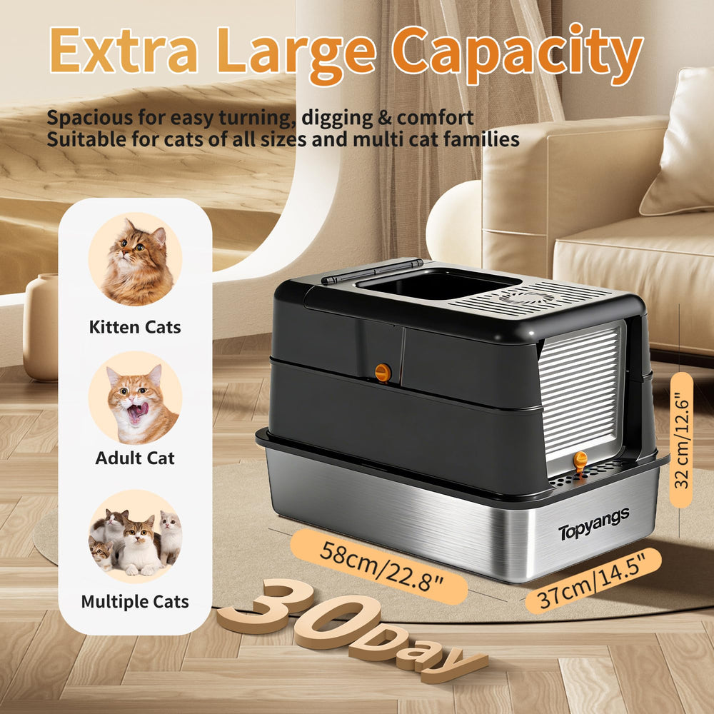 Topyangs enclosed litter box with ample space for larger cats.