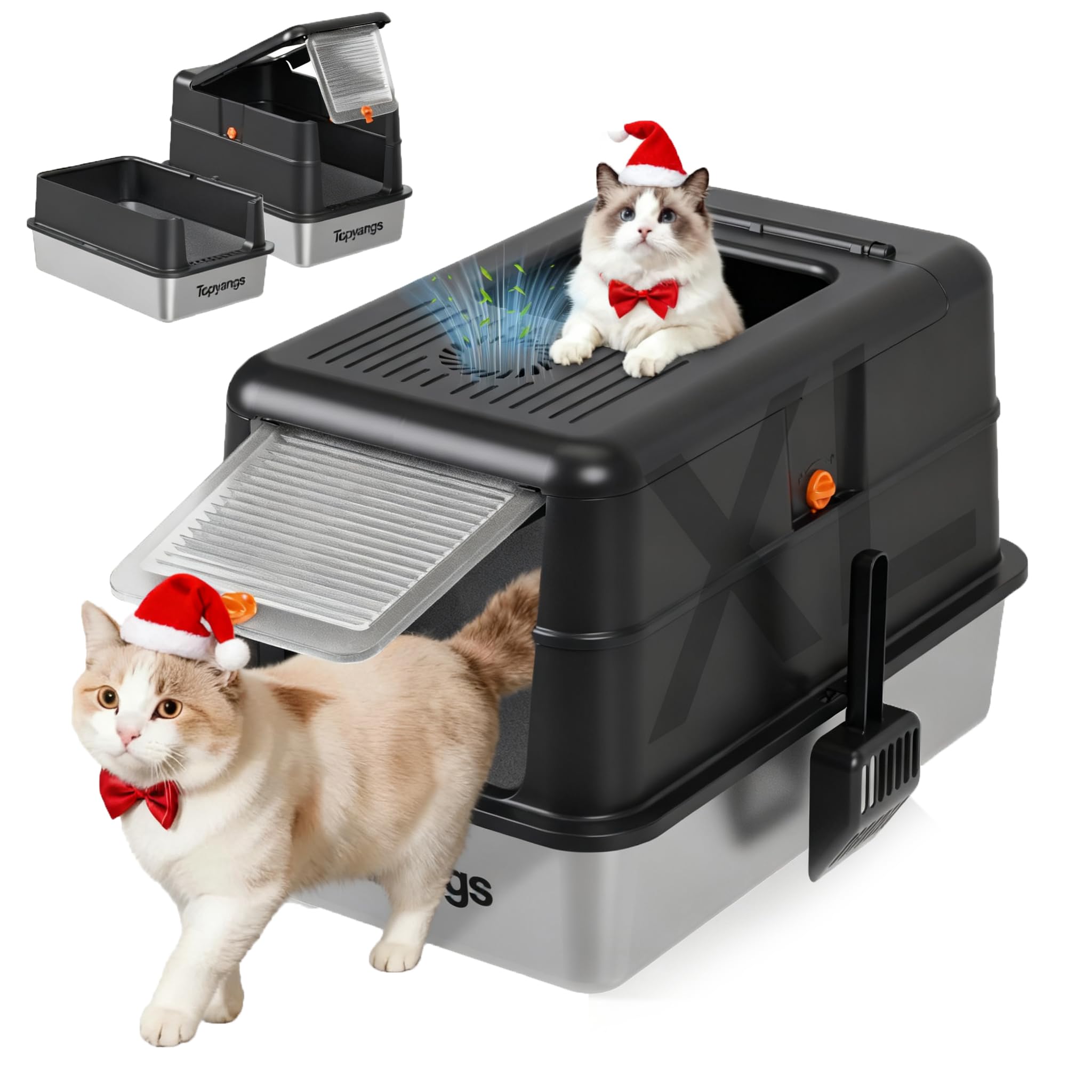 Topyangs stainless steel litter box with lid shows sleek design for mess-free scooping.