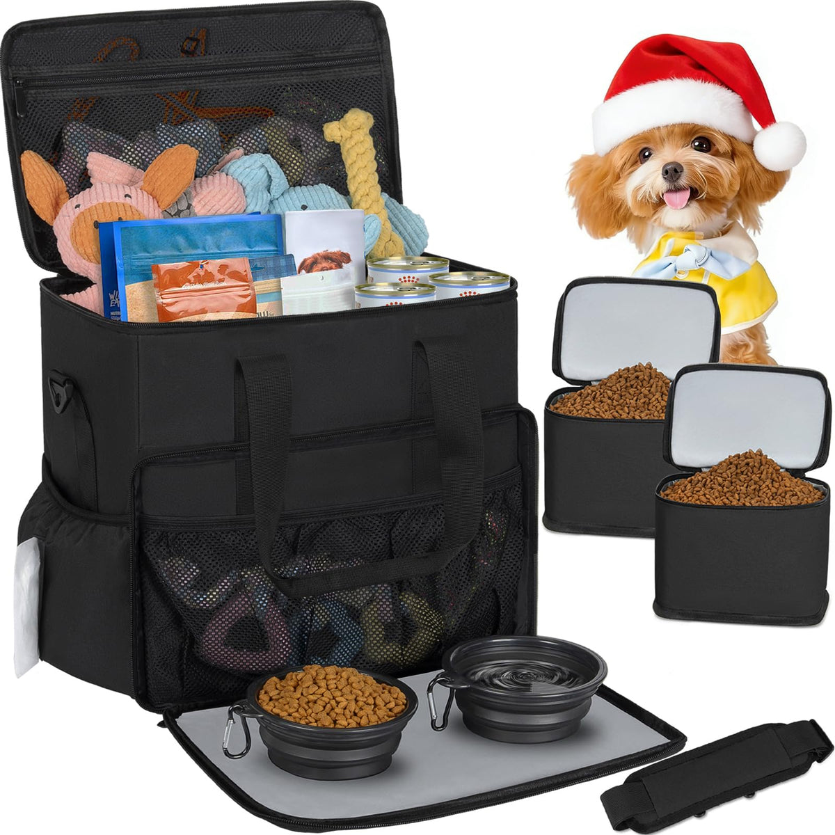 Toribio dog travel bag front view with organized pockets for quick access to essentials.