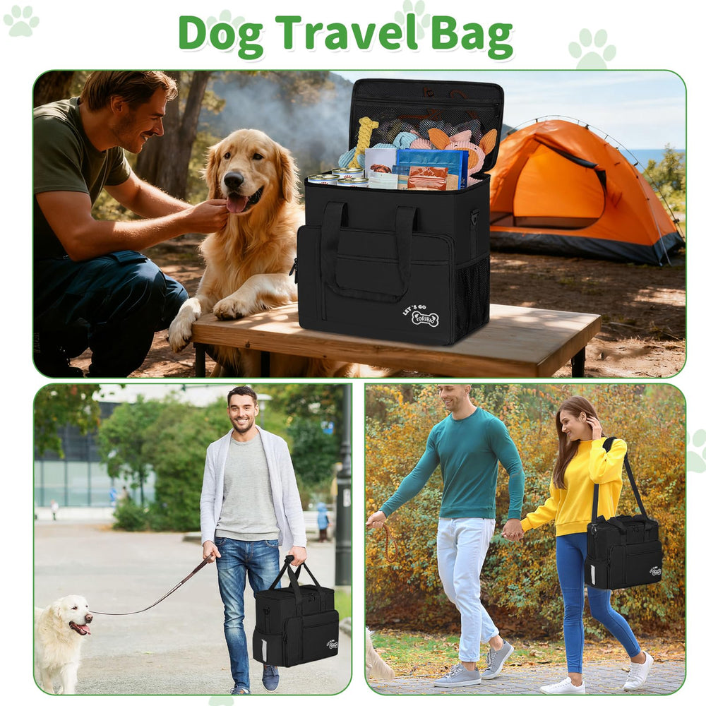 Toribio travel bag in use on a road trip with dog essentials visible.