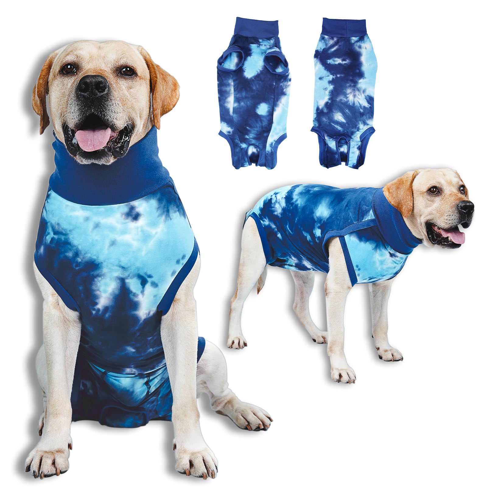 TORJOY breathable dog recovery suit tie-dye blue front view showing soft, breathable fabric for comfort.
