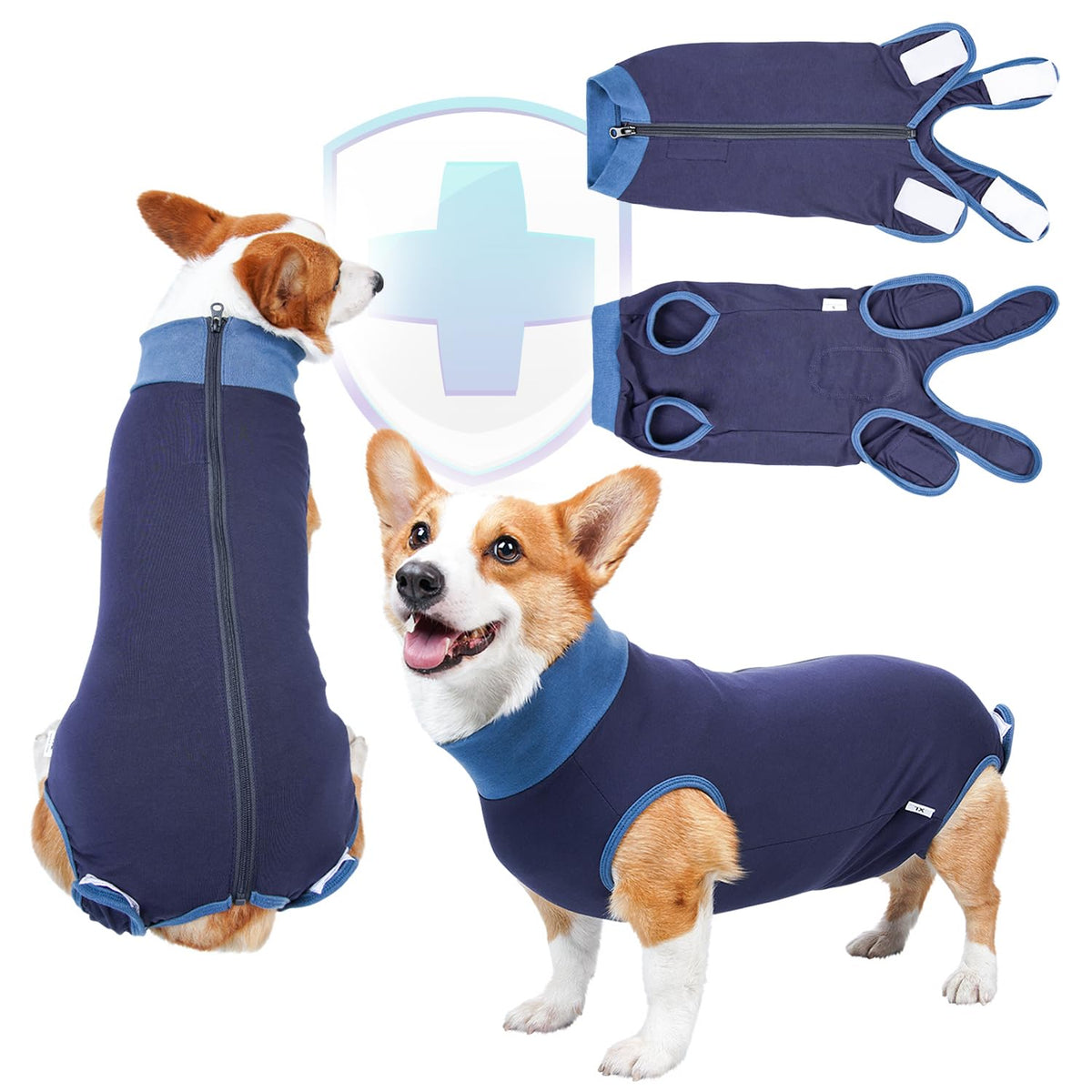 TORJOY breathable dog surgery recovery suit with zipper on, easy dressing and secure fit.
