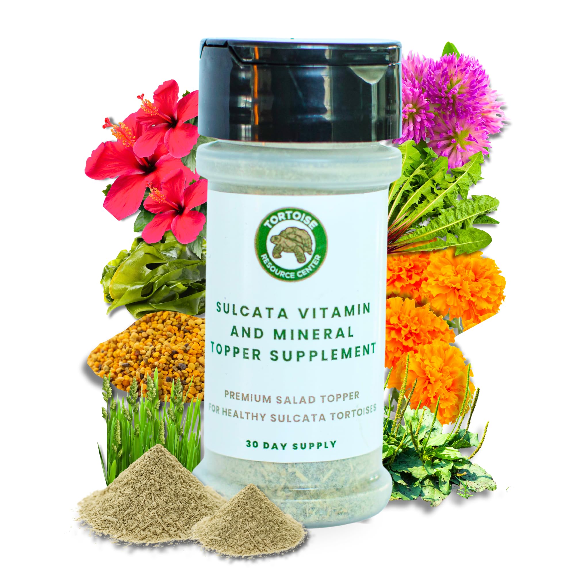 Tortoise Resource Center Sulcata calcium supplement bottle highlights minerals for shell health.