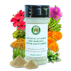 Tortoise Resource Center Sulcata calcium supplement bottle highlights minerals for shell health.