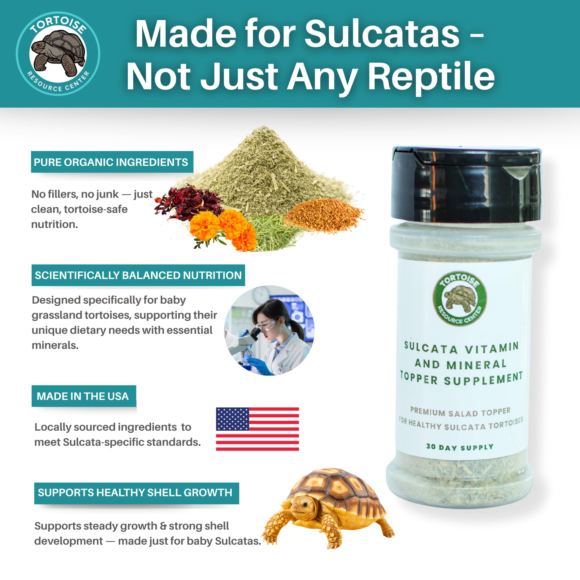 Tortoise Resource Center sulcata salad topper with measuring spoon for easy dosing.