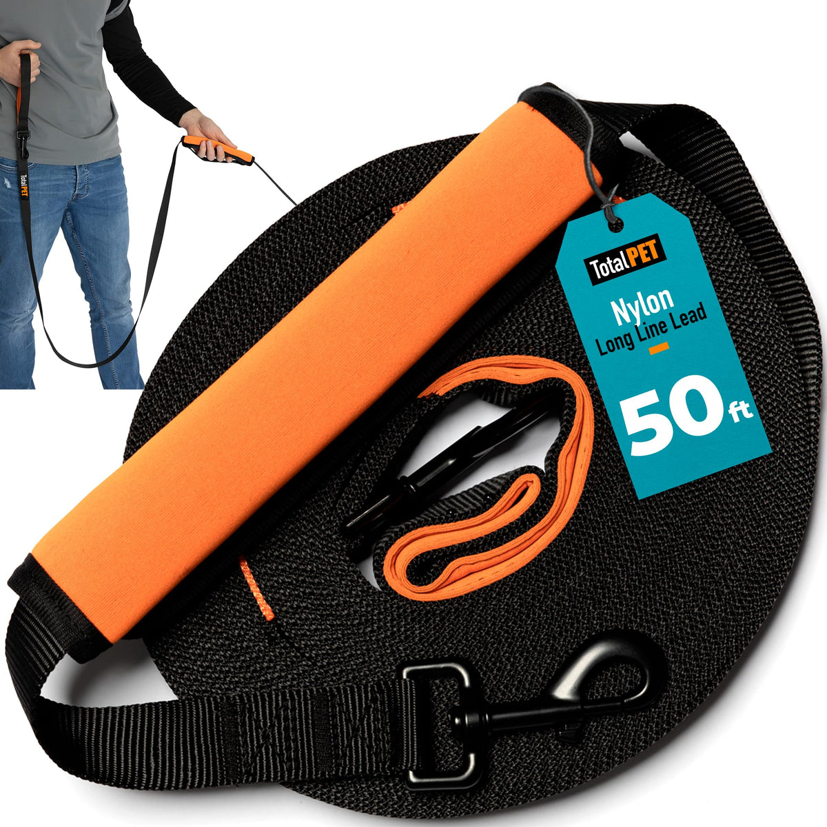 Total Pet 50ft long leash extended for distance training and recall practice.