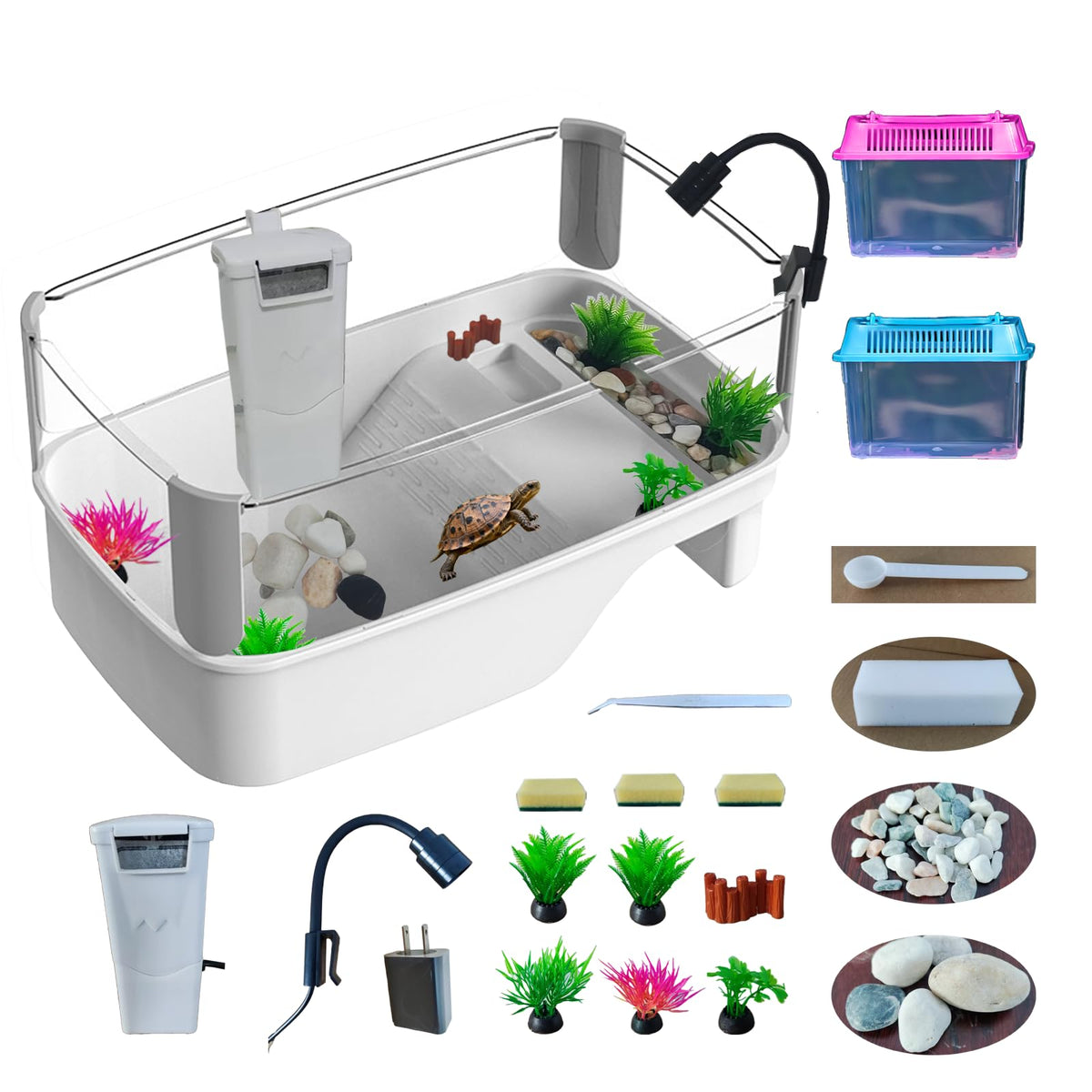 Totzlian turtle habitat-assembled-tank illustrating quick, tool-free setup on a desk.