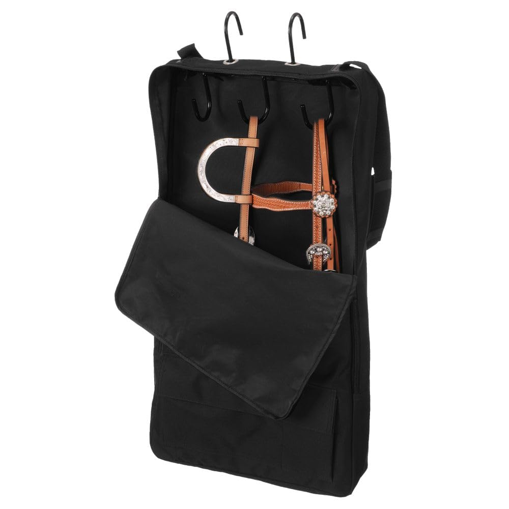 Tough 1 bridle/halter with 3-prong tack rack keeps tack organized for shows and travel.