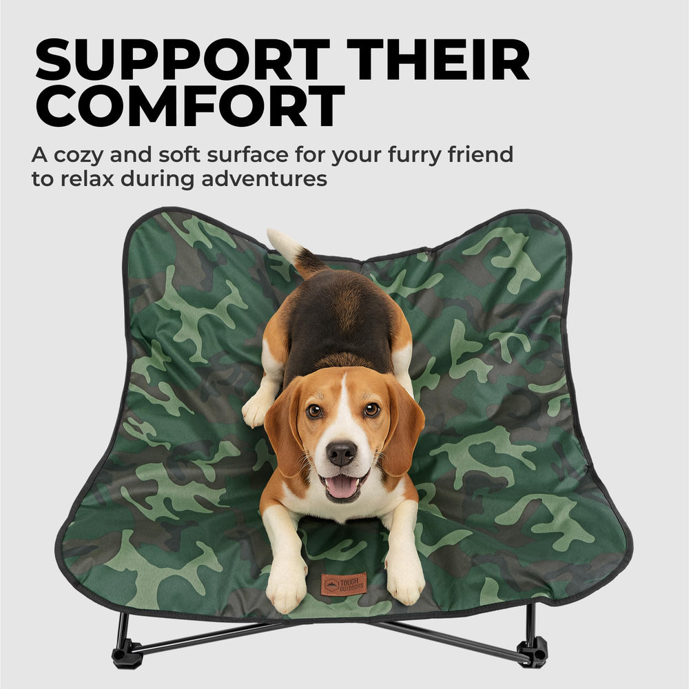 Elevated dog bed setup by Tough Outdoors at a campsite