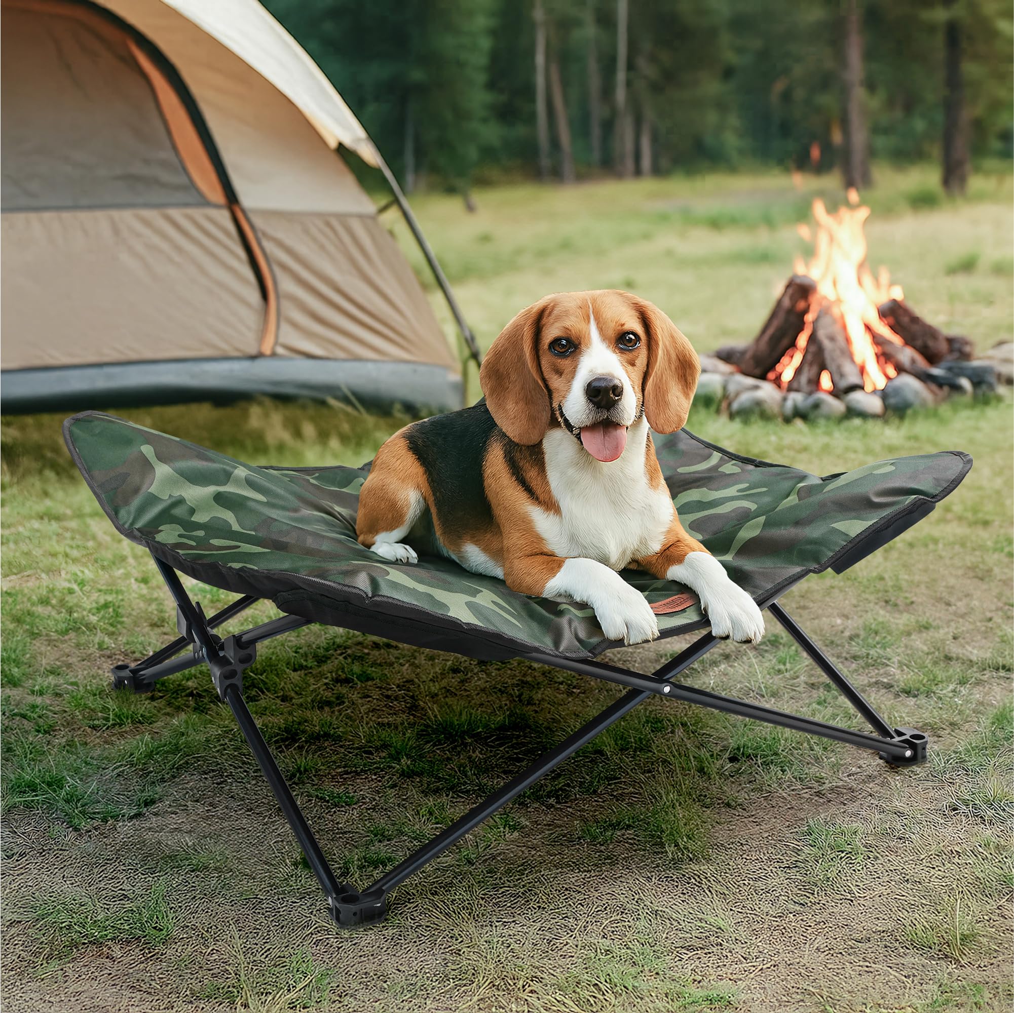 Tough Outdoors foldable dog chair in camo green, ready for camping with elevated rest