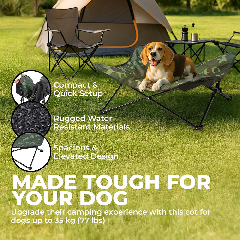 Portable elevated dog bed by Tough Outdoors, quick to set up on outdoor trips