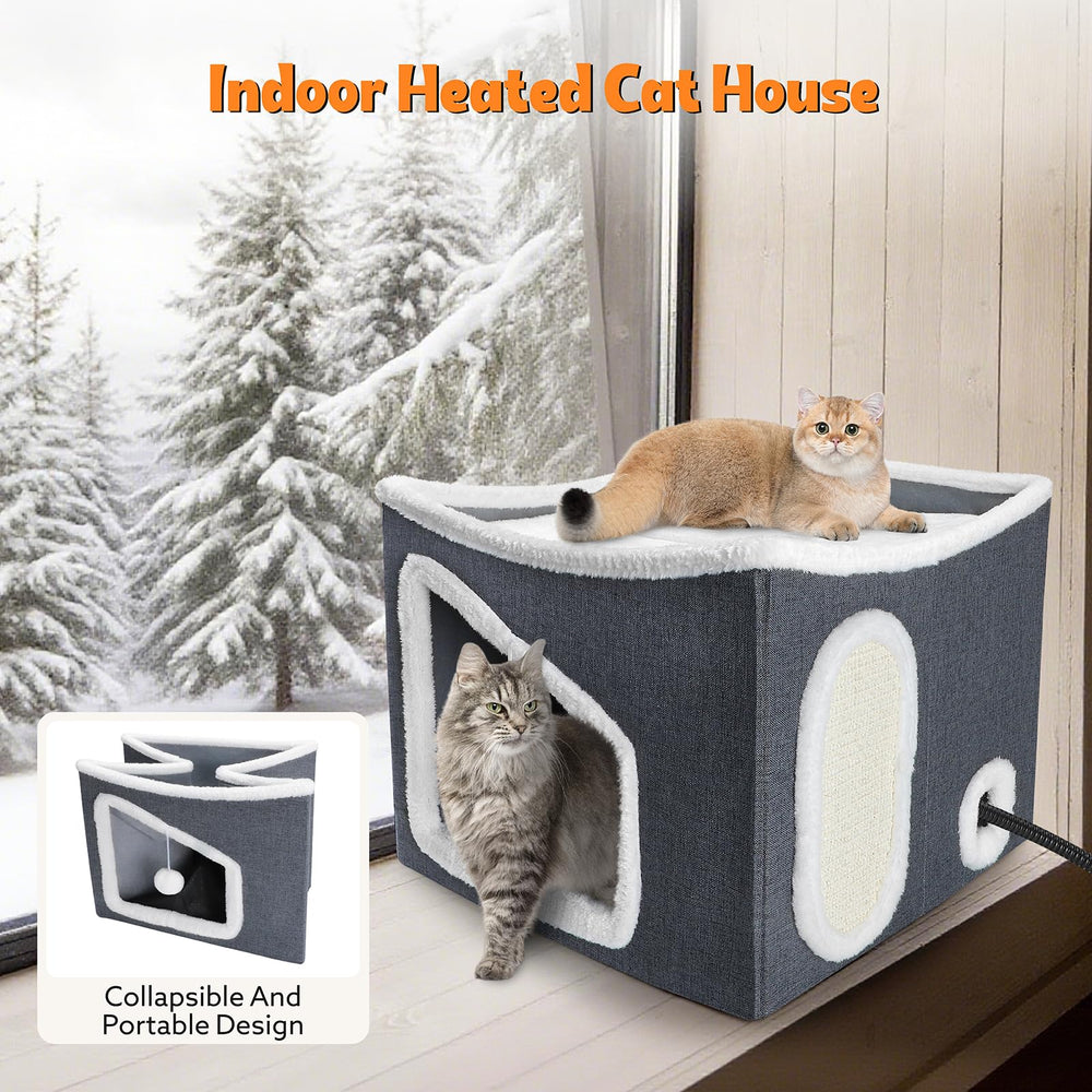 Tovve cat house scratch pad and hanging ball provide interactive play.