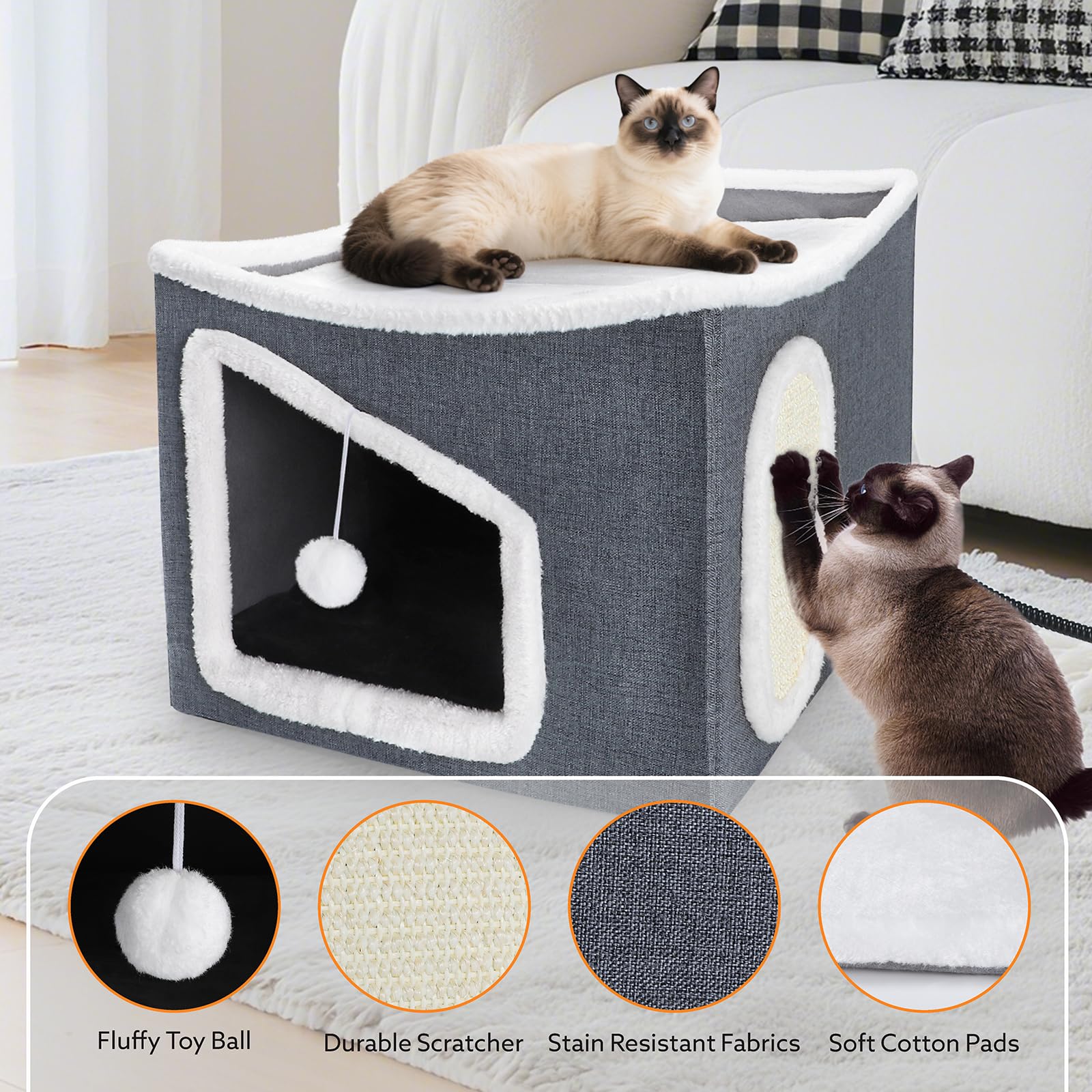 Tovve heated cat house interior space with multi-level play and rest areas.