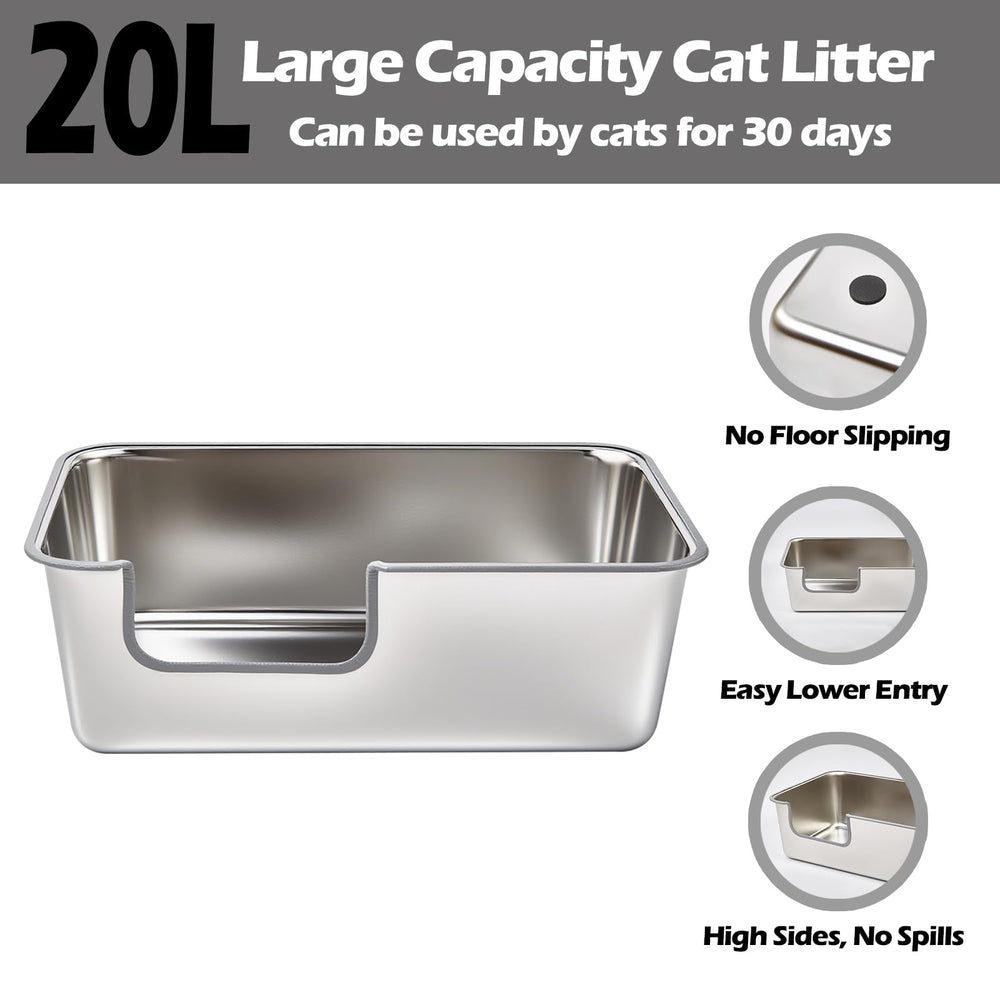 TownTime stainless steel litter box non-stick surface cleans quickly for hygienic setup.