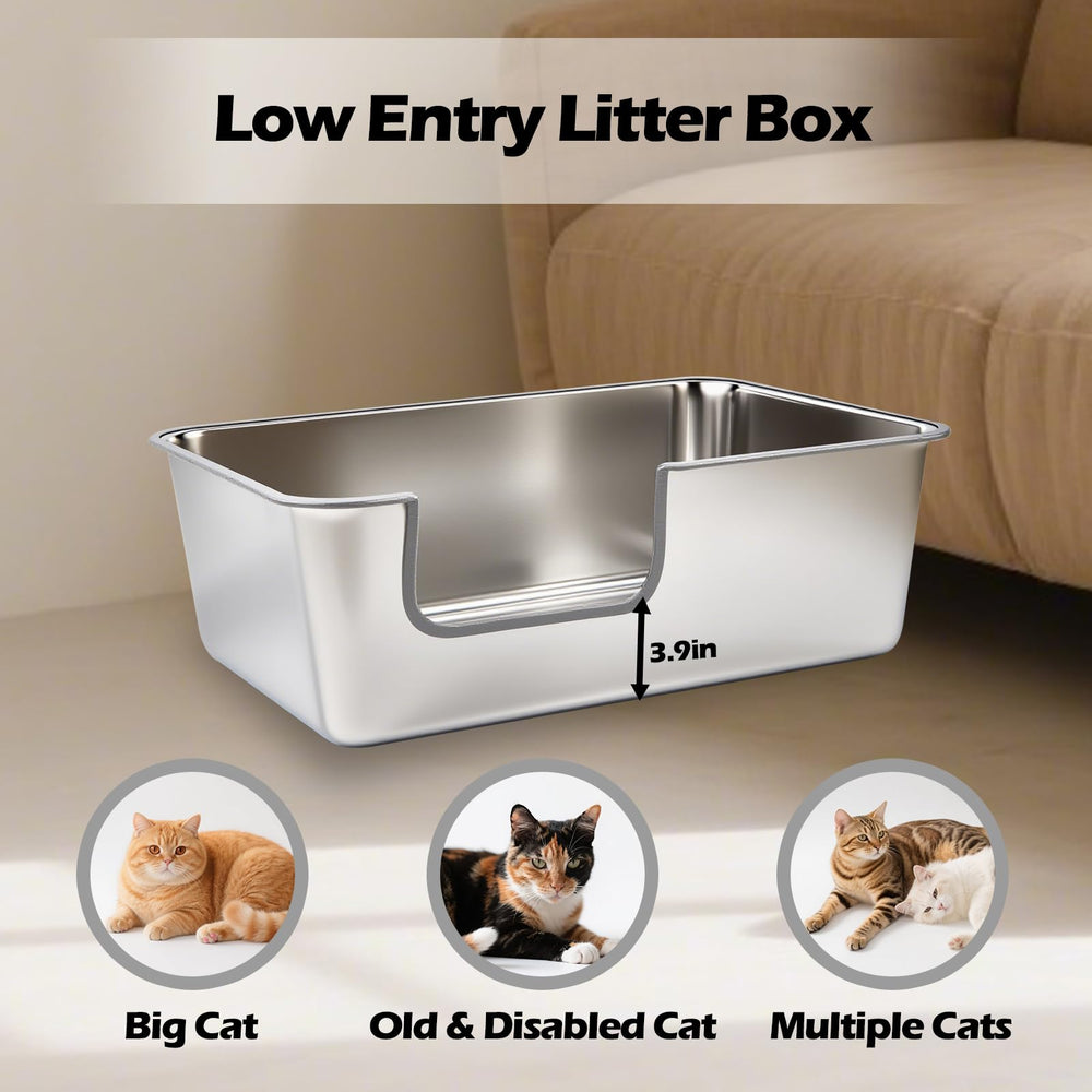 TownTime stainless steel litter box high sides prevent scatter and urine leakage efficiently.
