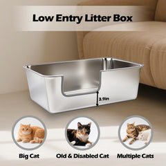 TownTime stainless steel litter box high sides prevent scatter and urine leakage efficiently.