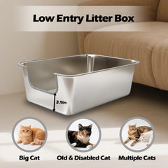 TownTime stainless steel cat litter box with high sides for maximum containment and reduced scatter.