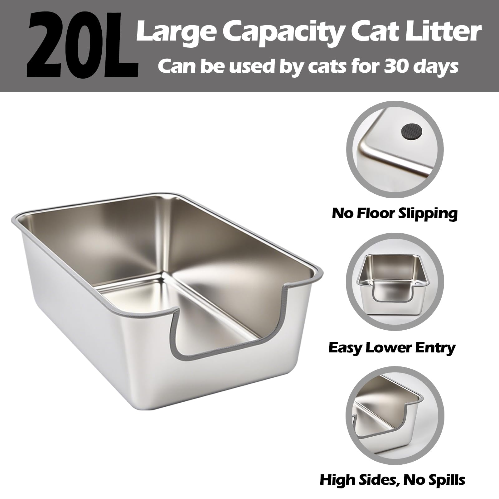 TownTime stainless steel litter box with non-stick surface for quick, hassle-free cleaning.