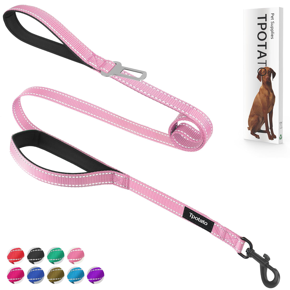 Tpotato 6ft pink dog leash with dual handles for versatile control during walks