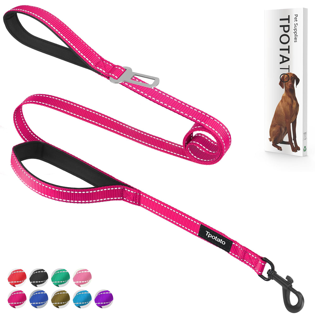 Tpotato 6ft fuchsia dog leash with dual handles for versatile, controlled walks.