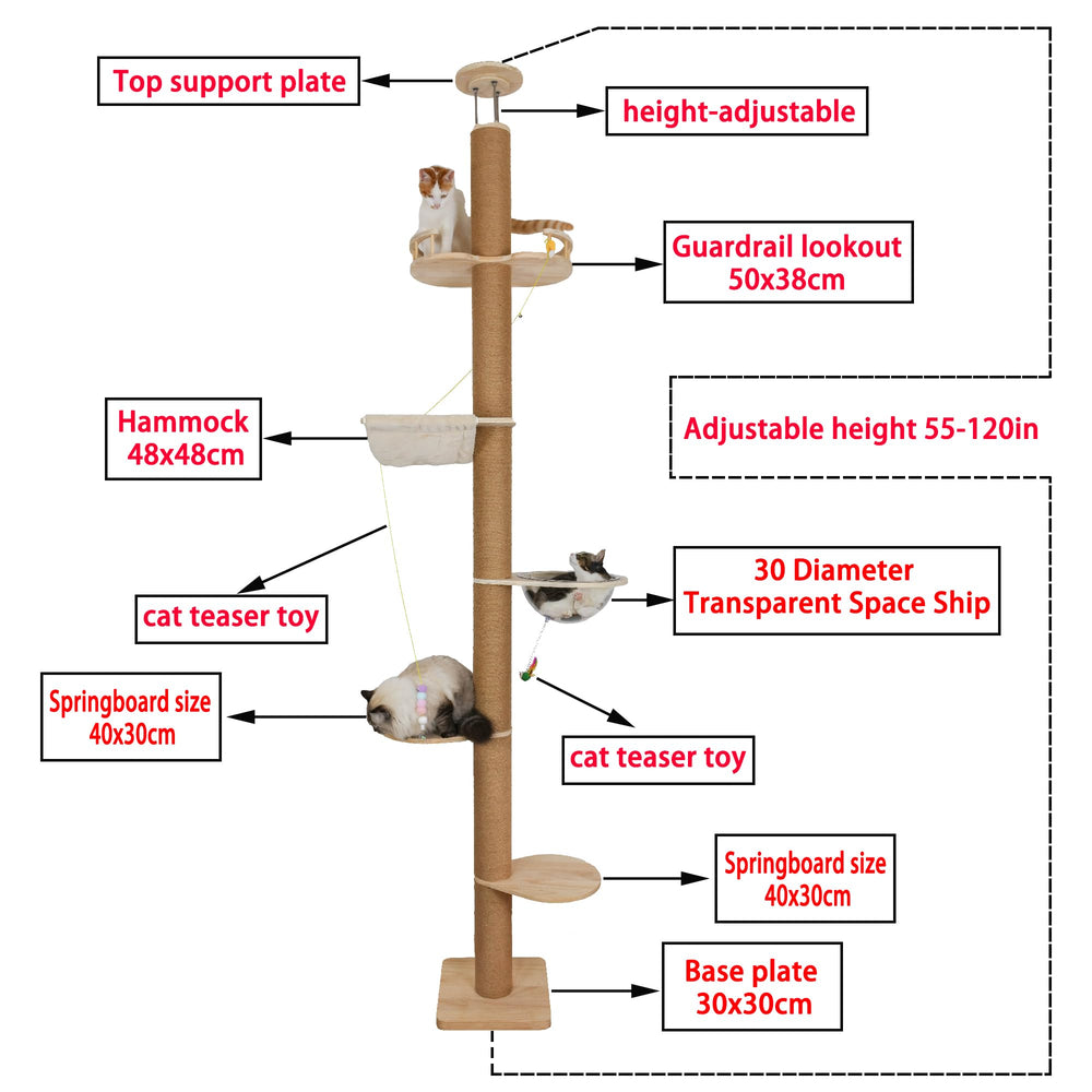 TQEW cat tree with 8 sisal posts visual of natural scratching and climbing.