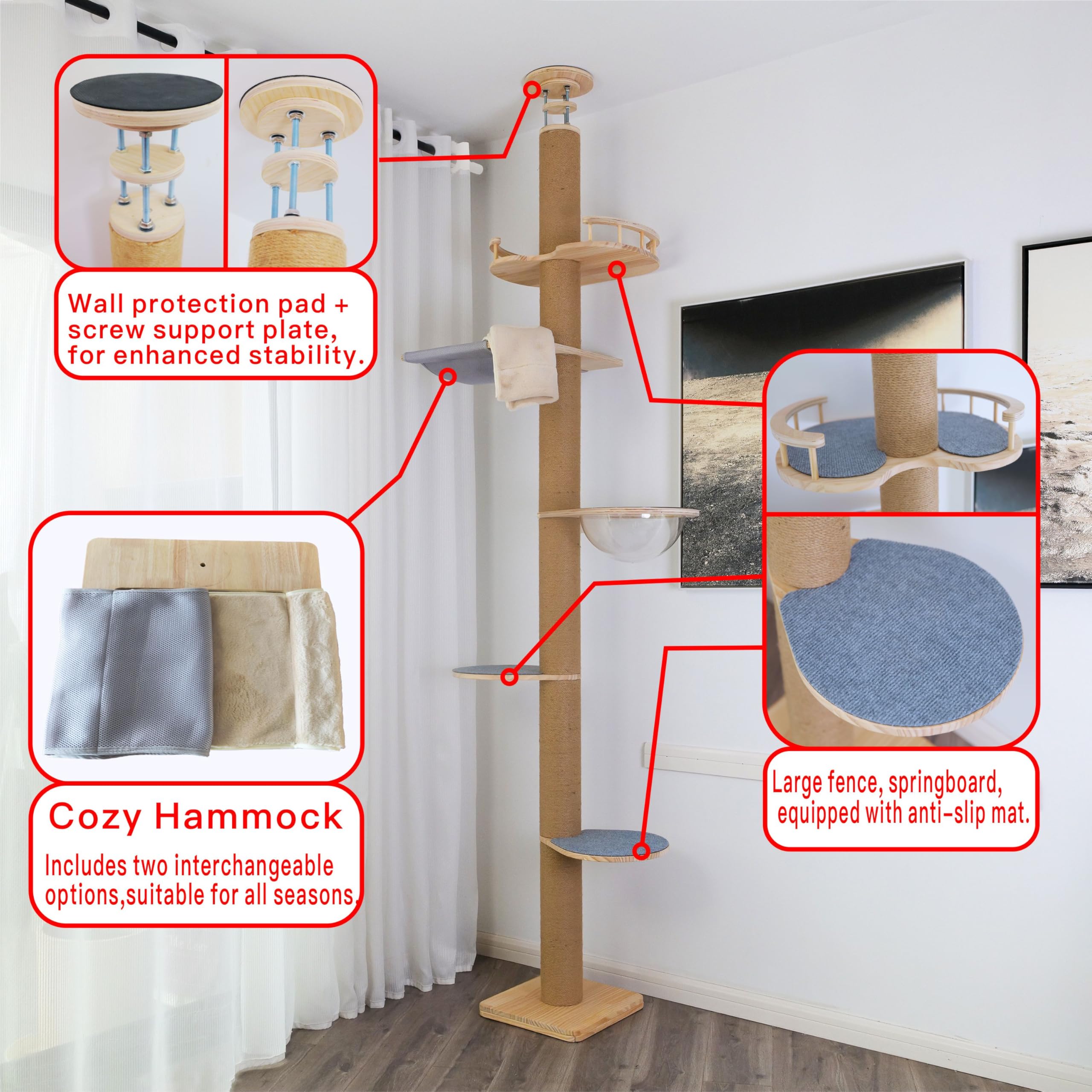 TQEW floor-to-ceiling cat tree stable base highlights wobble-free support.