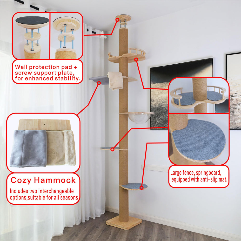 TQEW floor-to-ceiling cat tree stable base highlights wobble-free support.