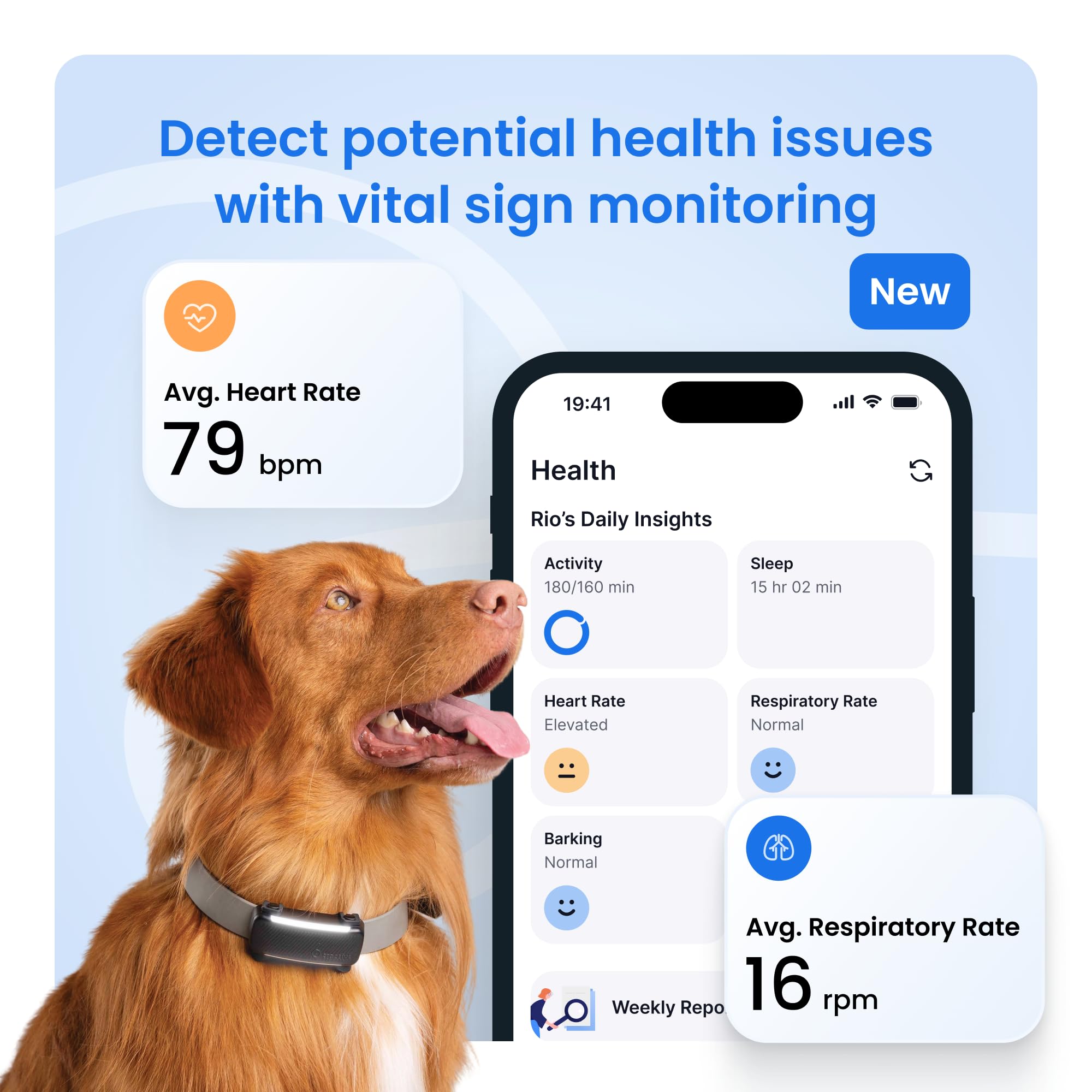 Tractive vital-signs monitoring heart and respiratory rates for trend awareness.
