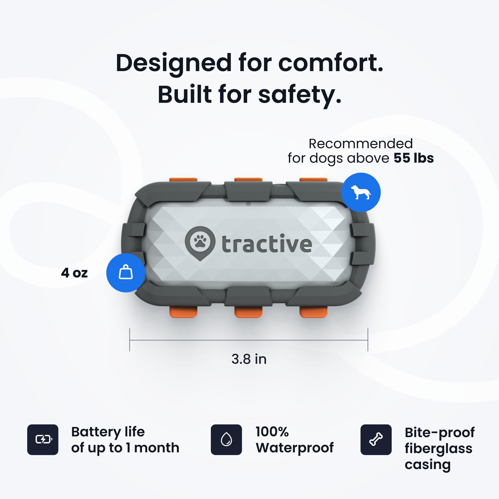 Tractive XL collar attachment secures the device on your dog’s neck during activities.