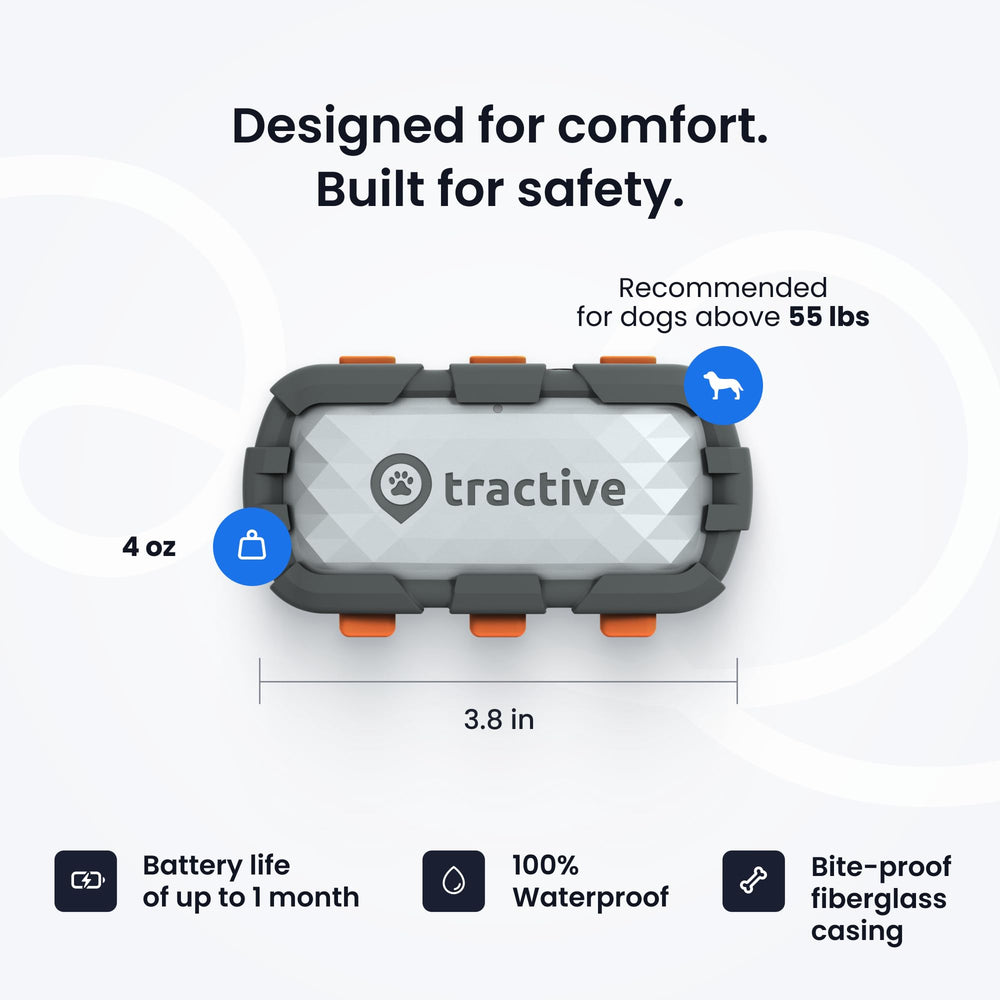 Tractive XL collar attachment secures the device on your dog’s neck during activities.