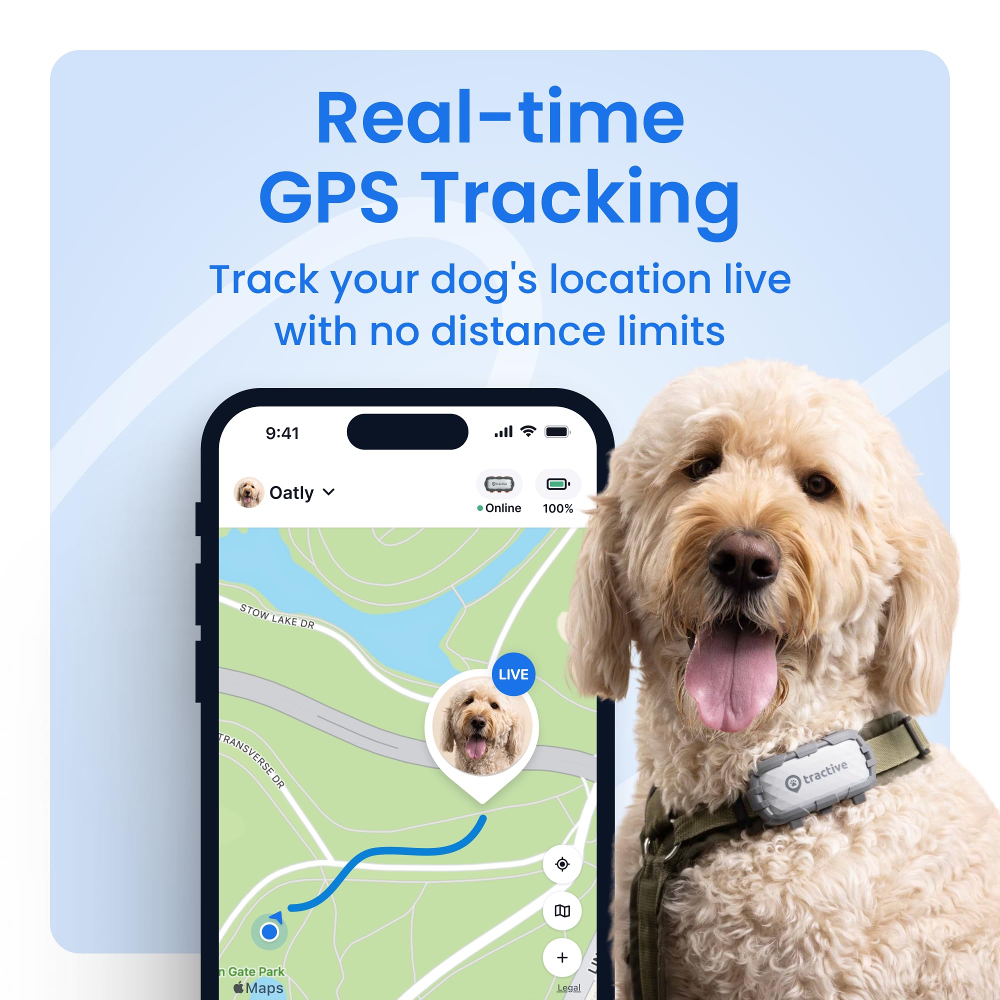 Tractive XL virtual fence demonstrates safe-zone boundaries for off-leash management.