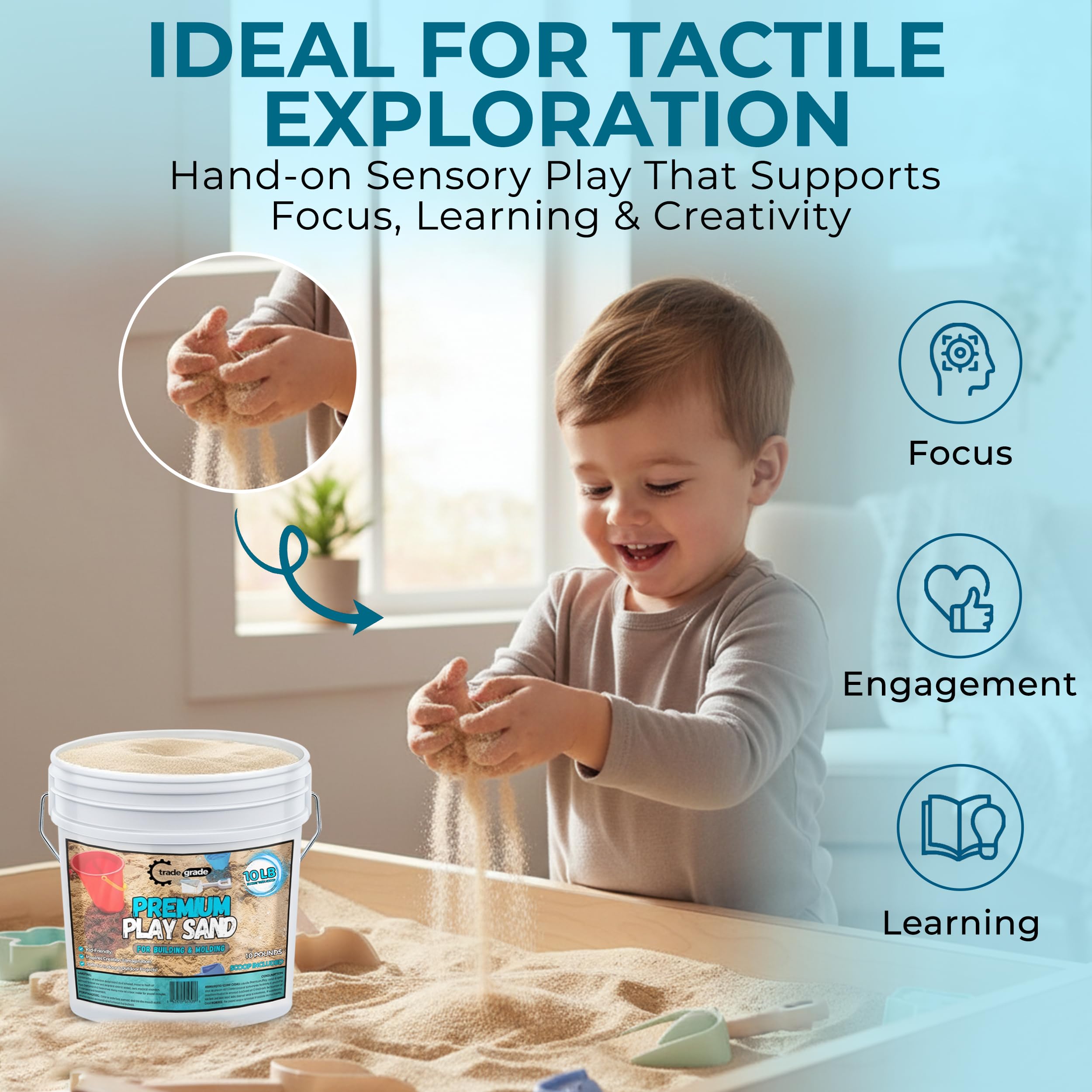 Trade Grade Play Sand features minimal dust for easier indoor cleanup.