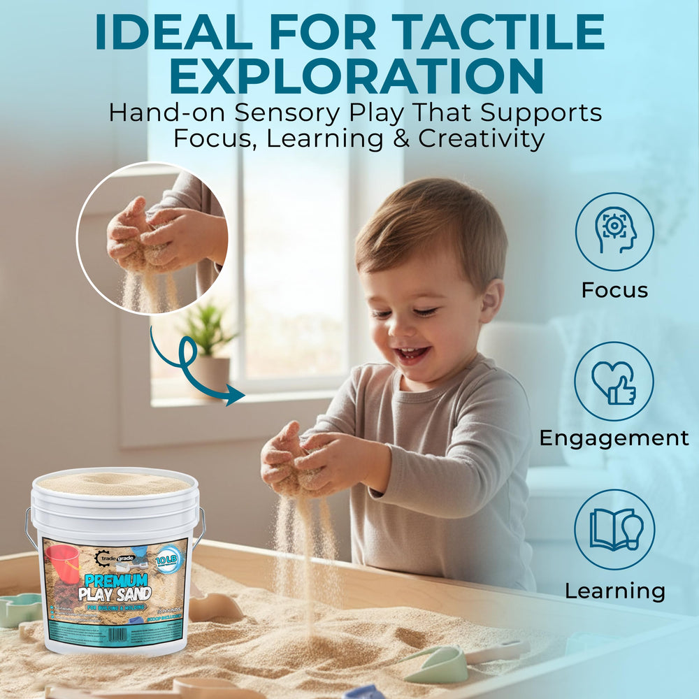 Trade Grade Play Sand features minimal dust for easier indoor cleanup.