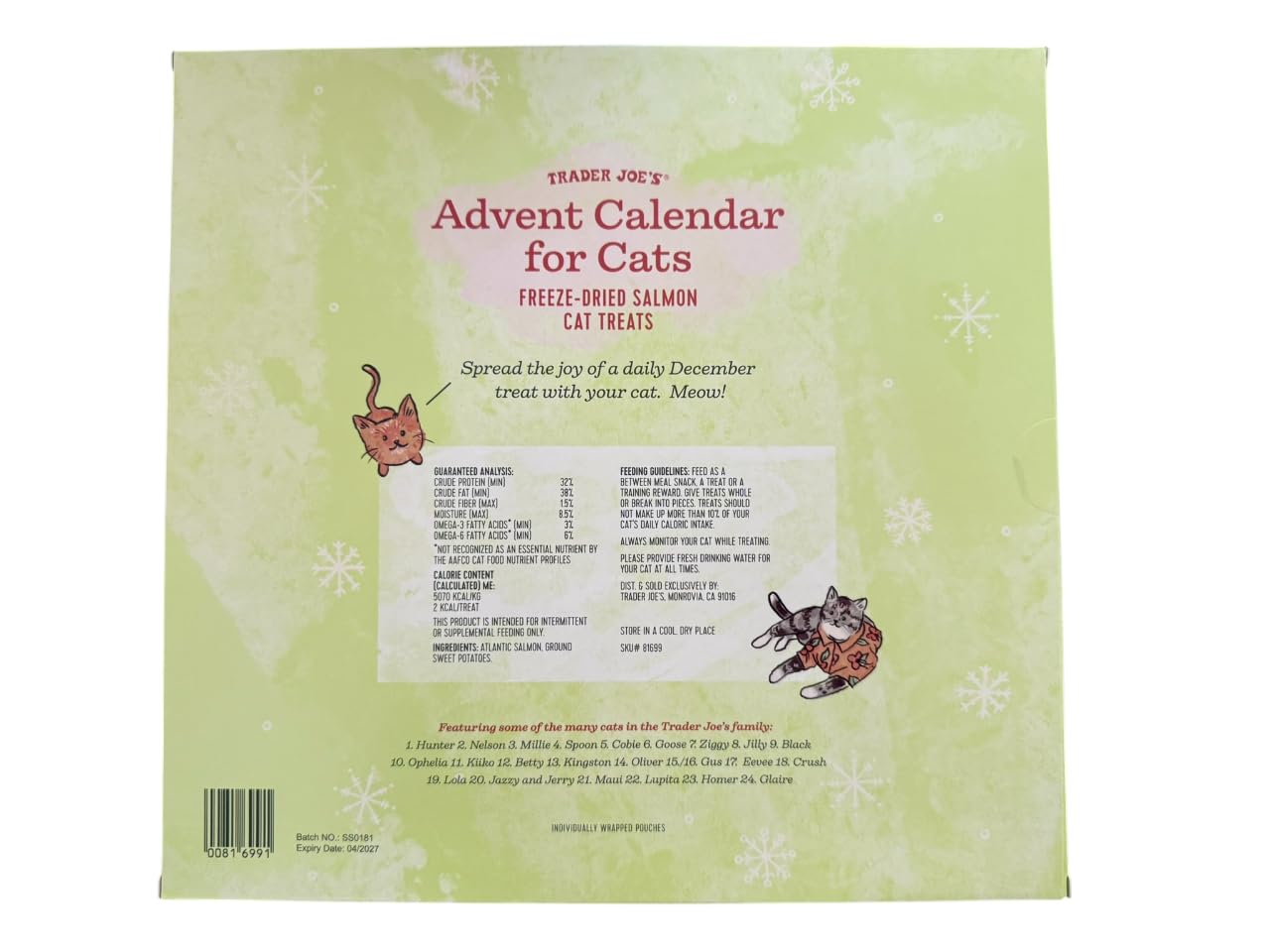 Trader Joe's Advent Calendar cat treats with individually wrapped pouches for easy on-the-go feeding.