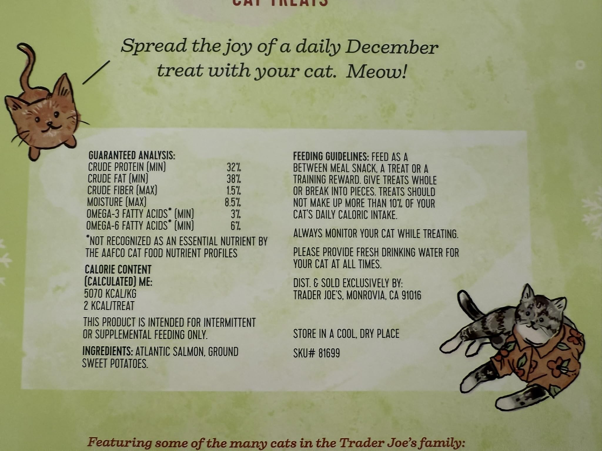 Trader Joe's Cat Advent Calendar no-color packaging highlights safe, color-free holiday snacks.
