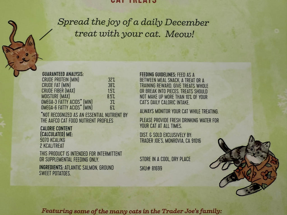 Trader Joe's Cat Advent Calendar no-color packaging highlights safe, color-free holiday snacks.