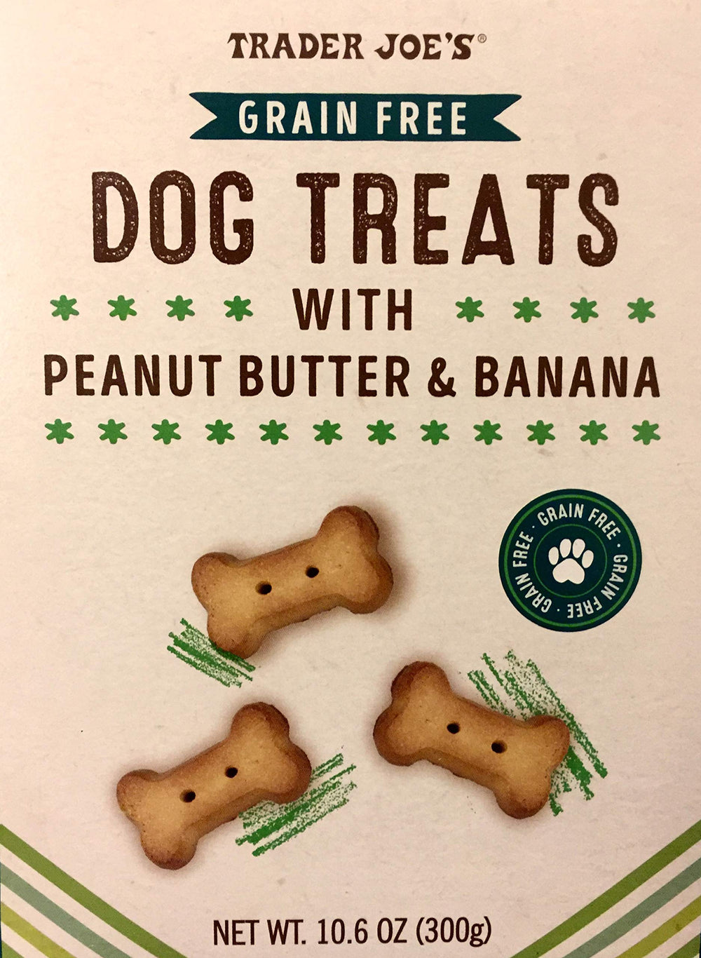 Trader Joe's dog treats peanut butter banana close-up highlights grain-free formula.