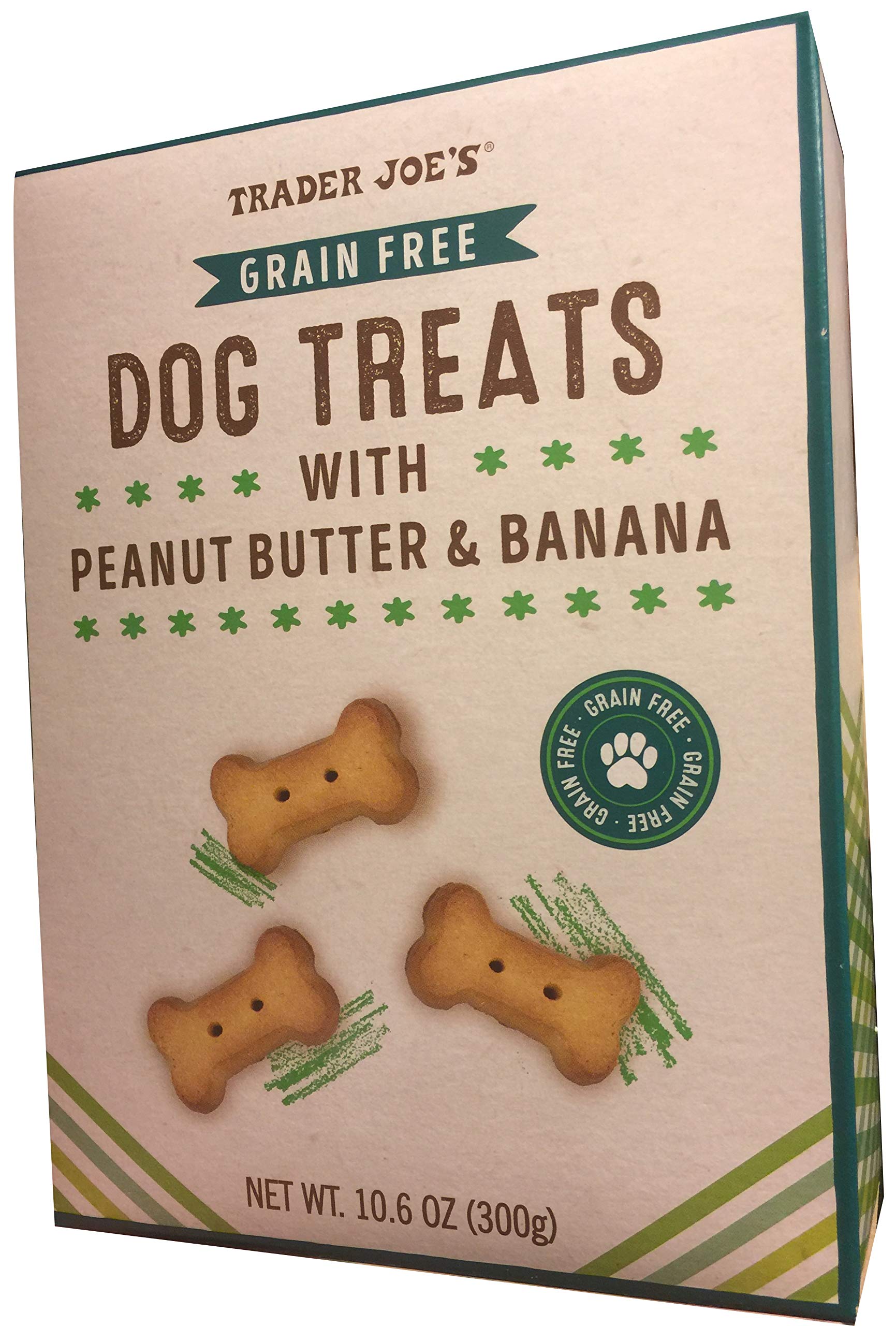 Trader Joe's dog treats peanut butter banana package for grain-free snacking.