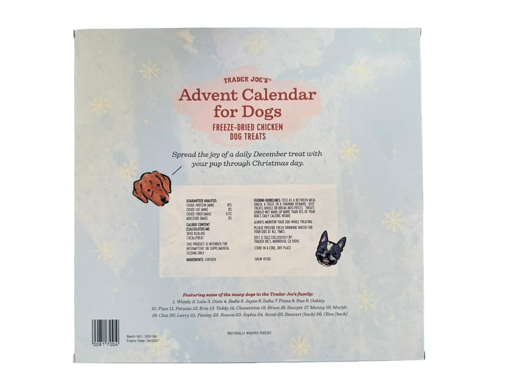 Trader Joe dog treats behind a calendar window featuring salmon and sweet potato flavors for tastier December snacking.